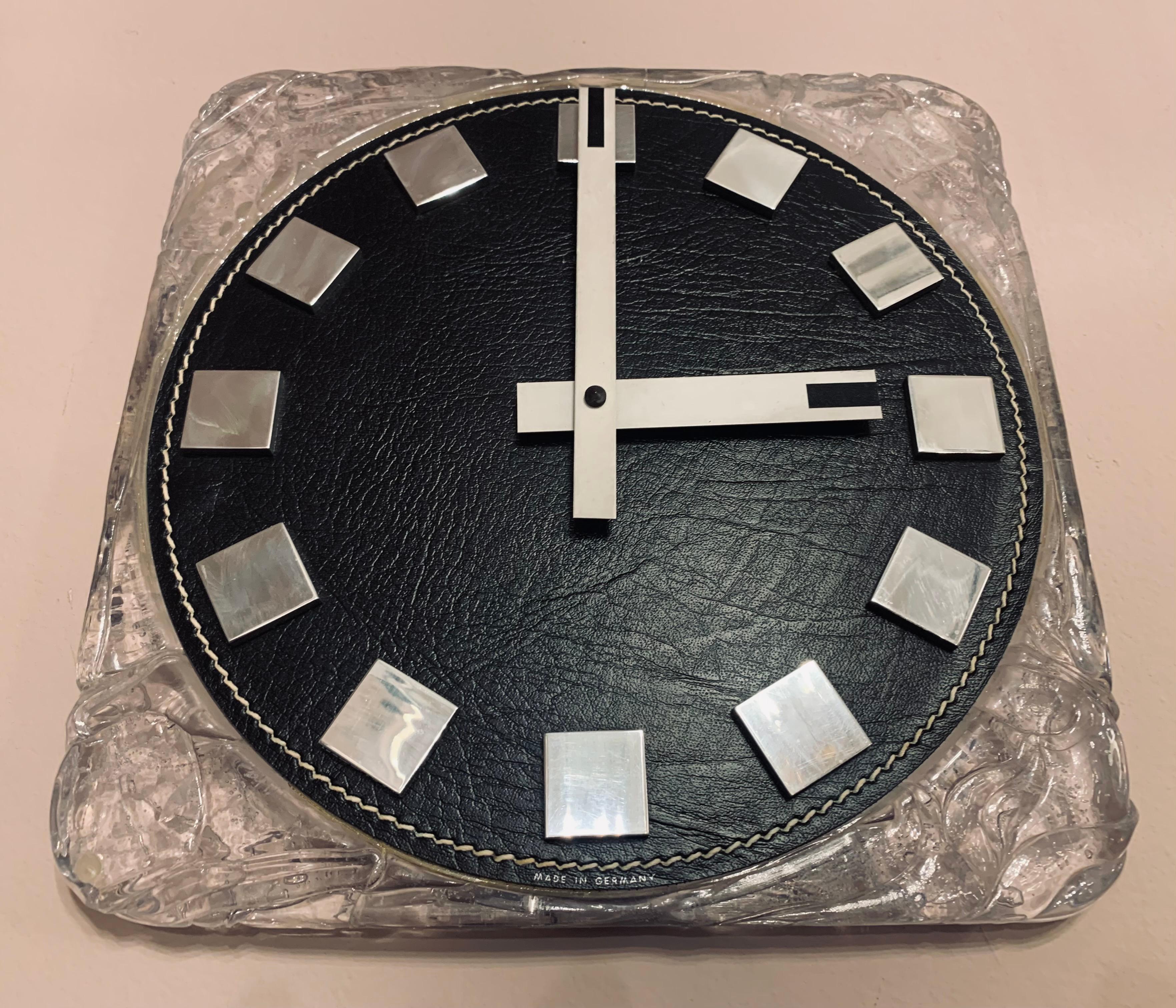 Mid-Century Modern 1970s Vintage German Kienzle Leather, Chrome & Lucite Space Age Wall Clock