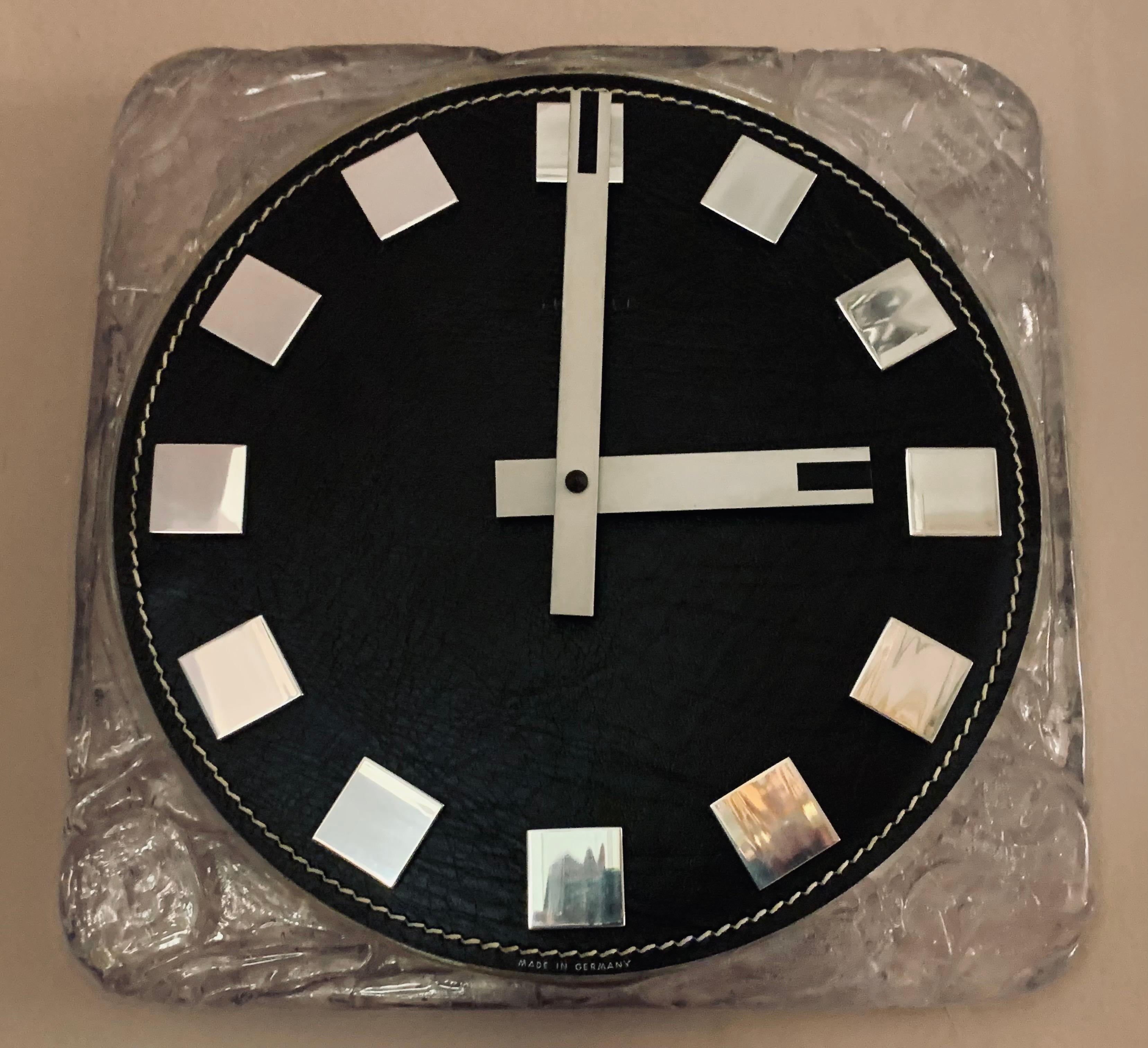 Frosted 1970s Vintage German Kienzle Leather, Chrome & Lucite Space Age Wall Clock