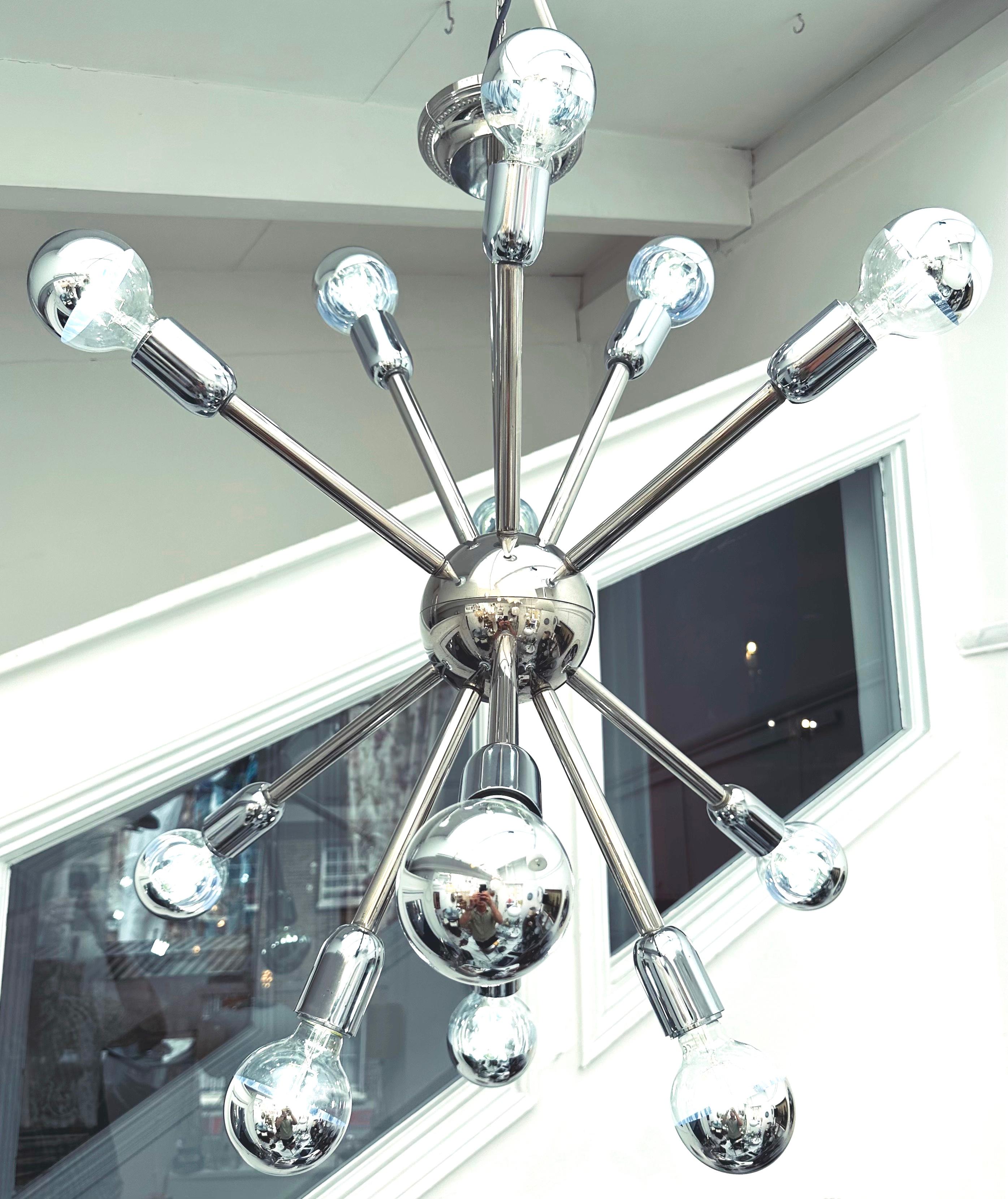 1970s Vintage German Polished Chrome 11 Arm Sputnik Ceiling Light, 3 Available In Good Condition For Sale In London, GB