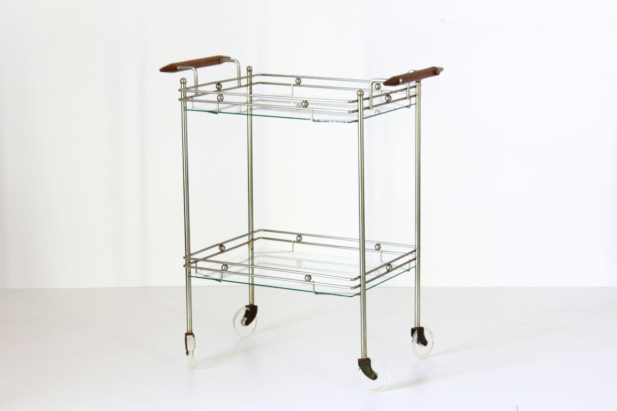 Mid-Century Modern 1970s Vintage Glass and Brass Rolling Bar Cart