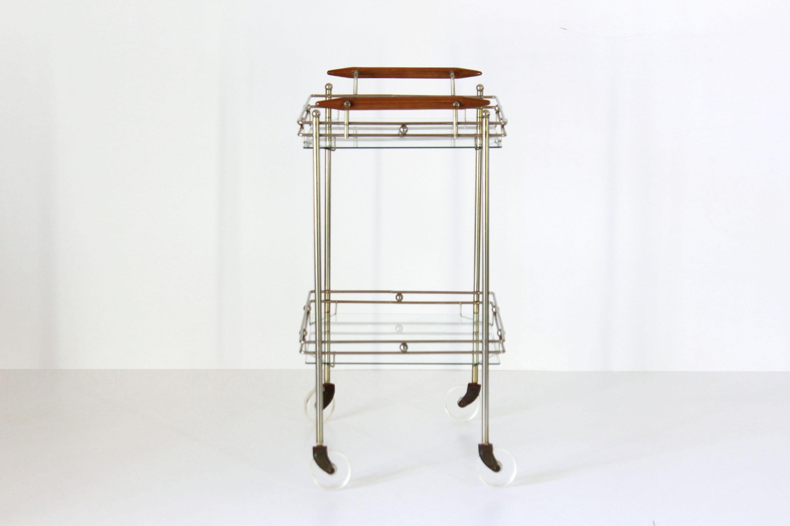 Italian 1970s Vintage Glass and Brass Rolling Bar Cart