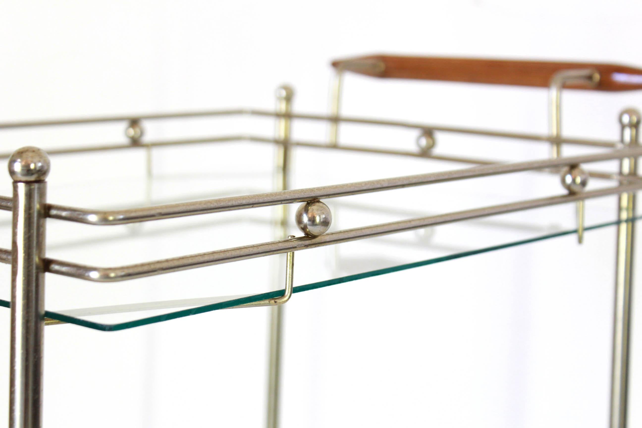 1970s Vintage Glass and Brass Rolling Bar Cart 1