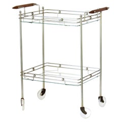 1970s Vintage Glass and Brass Rolling Bar Cart