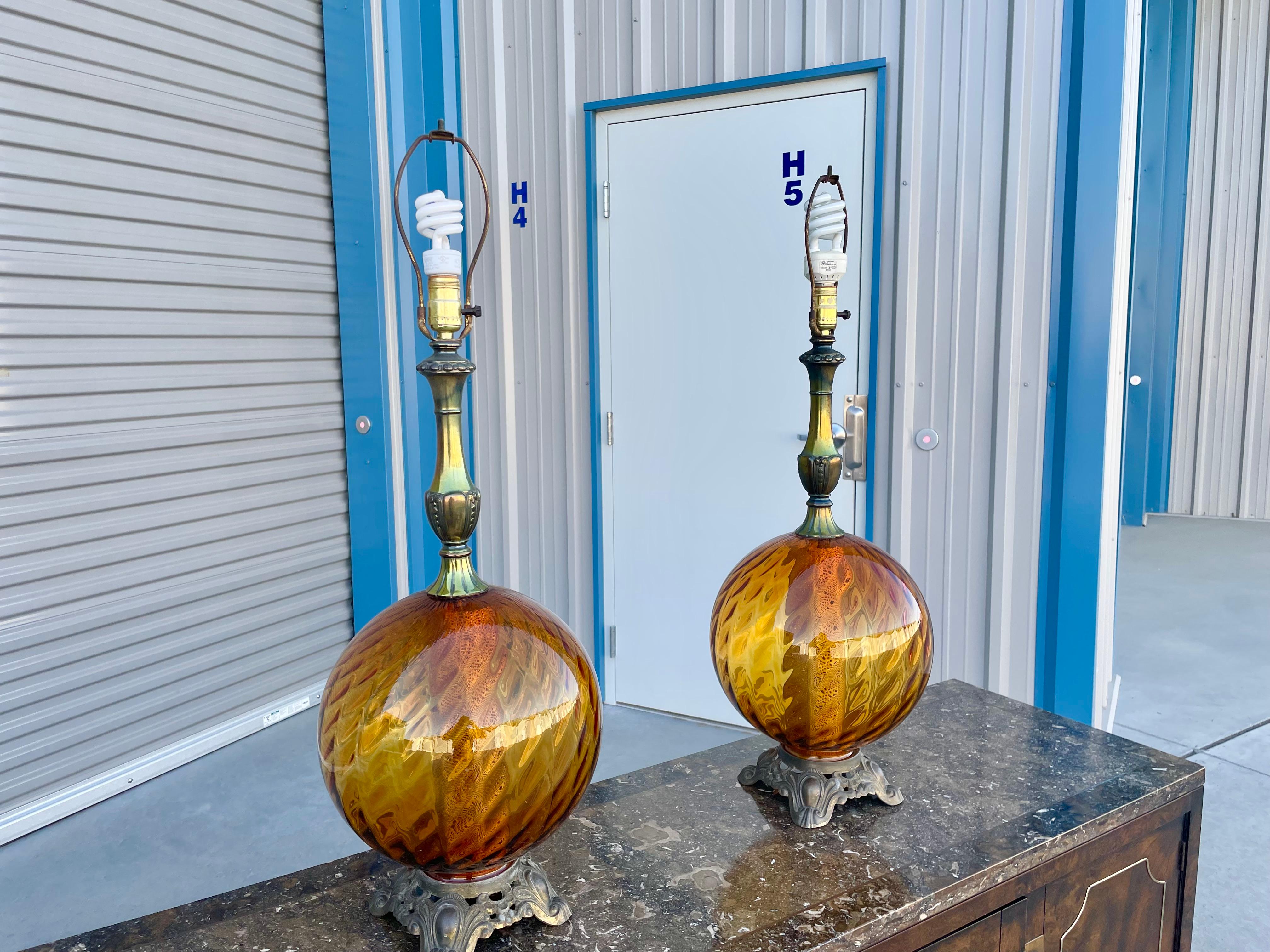 1970s Vintage Glass Sphere Lamps - a Pair In Good Condition For Sale In North Hollywood, CA