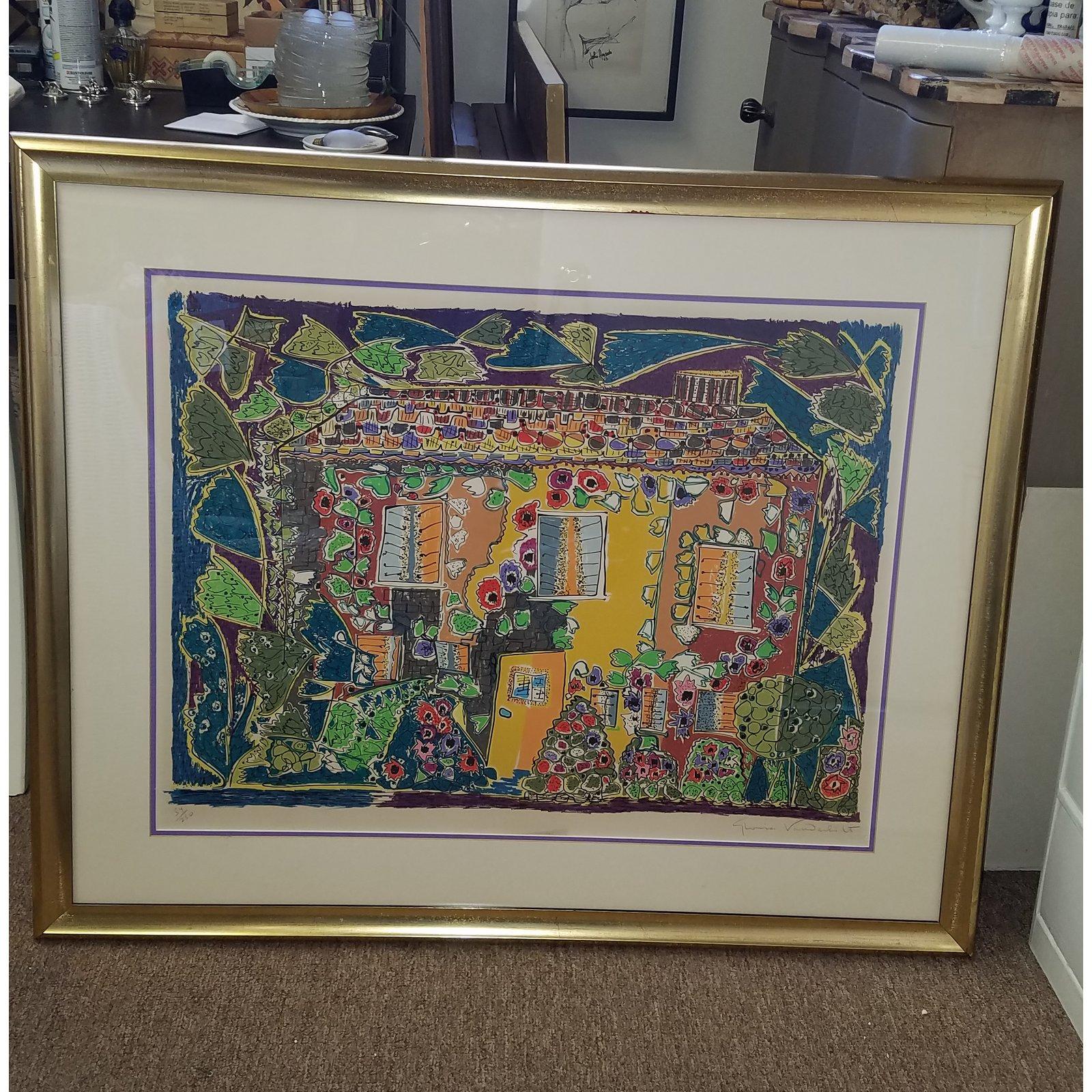 A framed lithograph by an iconic 20th century personality. Vibrant and cheery framed lithograph by the talented artist and socialite Gloria Vanderbilt. Printed on arches paper with a 1 inch giltwood frame. Numbered 54 out of a limited edition of 250.