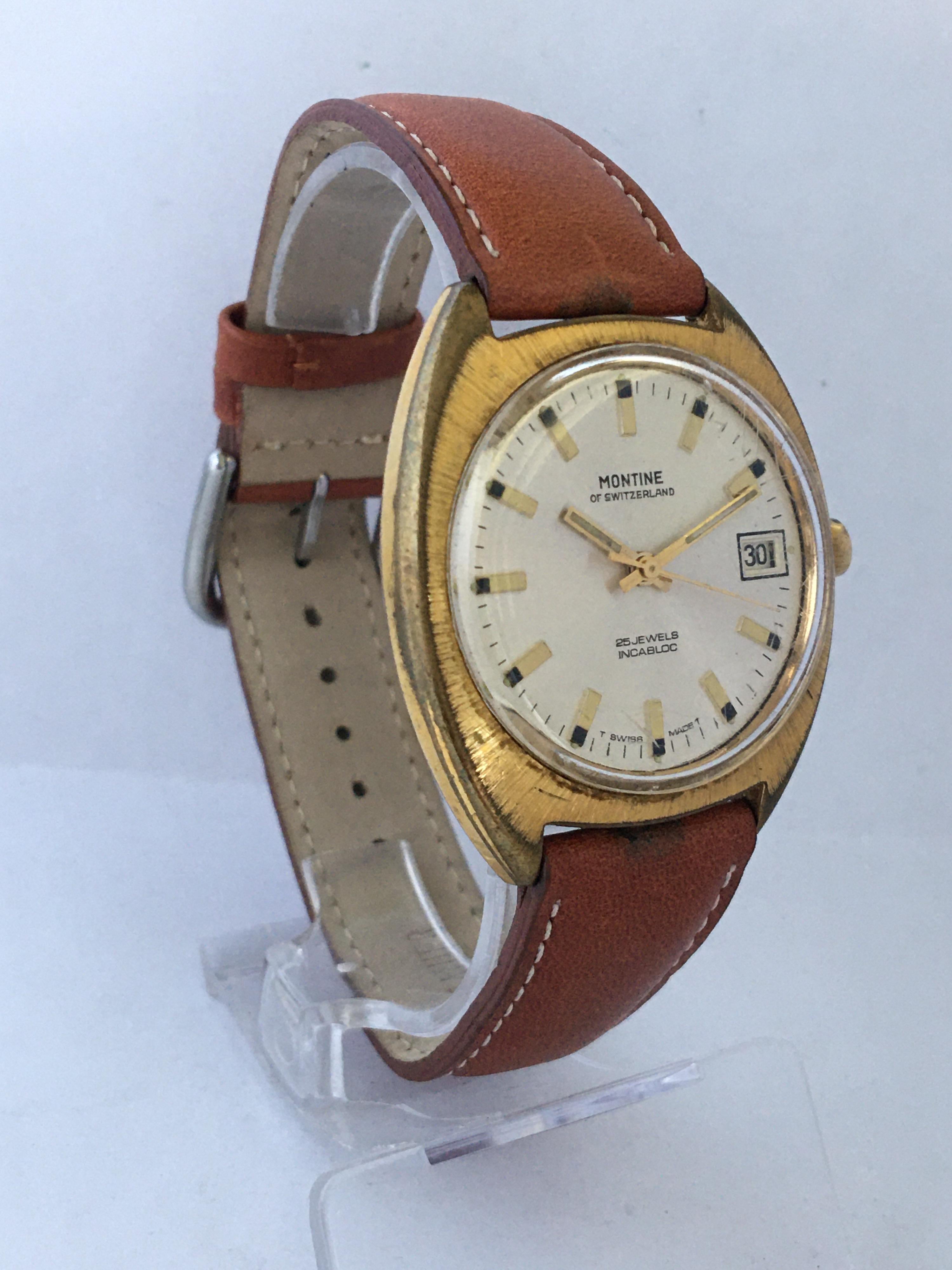 This charming mechanical swiss watch is in good working condition and it is running well. Visible signs of ageing and gentle used with Scratches on the glass and some scratches and tarnish on the gold plated case as shown. It’s light brown leather