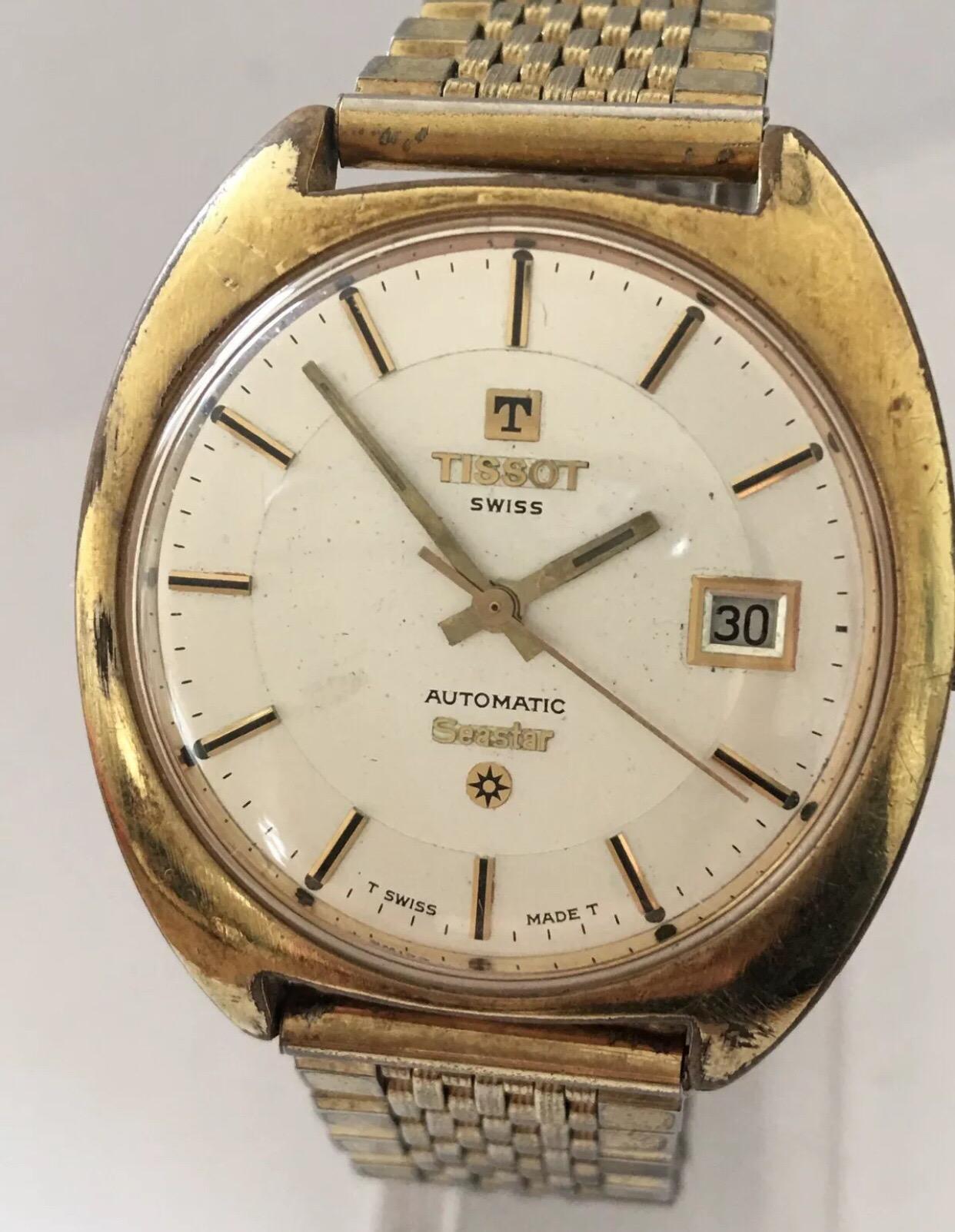 Tissot automatique Seastar vintage en acier inoxydable plaqué or, années 1970 en vente 5