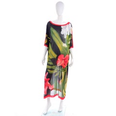 1970s Vintage Gottex Tropical Hibiscus Floral Caftan Style Semi-Sheer Dress