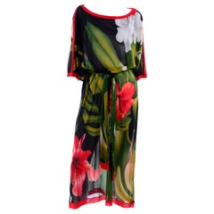 1970s Vintage Gottex Tropical Hibiscus Floral Caftan Style Semi-Sheer Dress