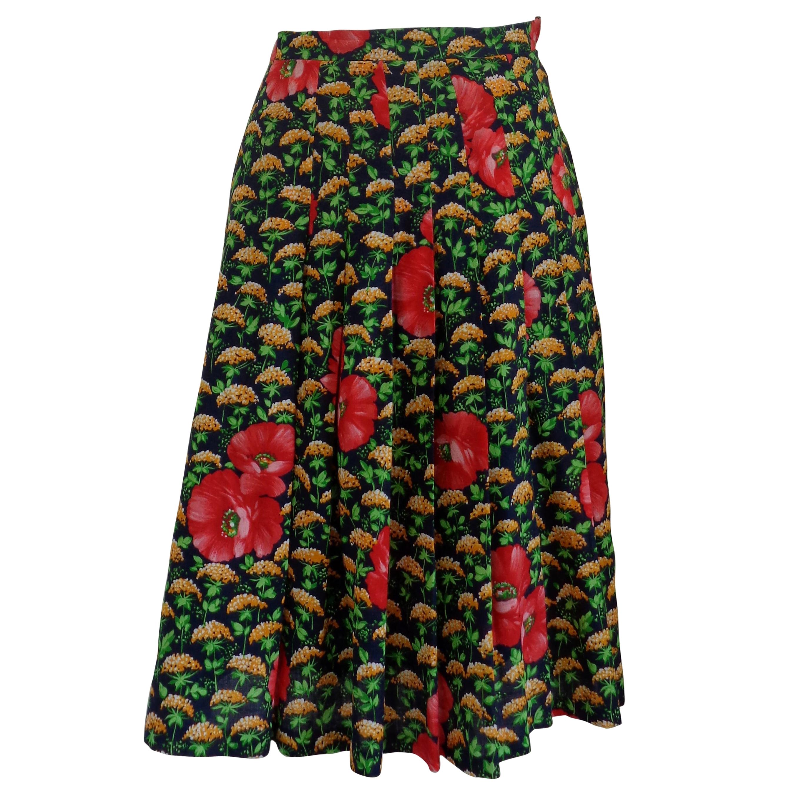 1970s Vintage Green Flowers Skirt For Sale