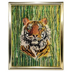 1970s Vintage Green Tiger Embroidered Needlepoint Cross Stitch Canvas Wall Art