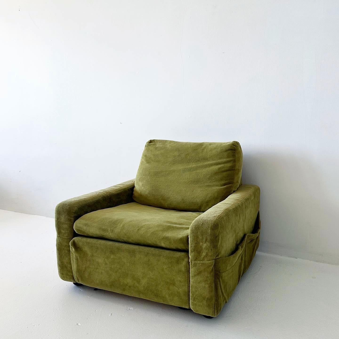 Low profile green velvet club chair with magazine pouches. 1970s Collection Walter Knoll (with tags). Super comfortable. 2 available - if you'd like both, select 2.