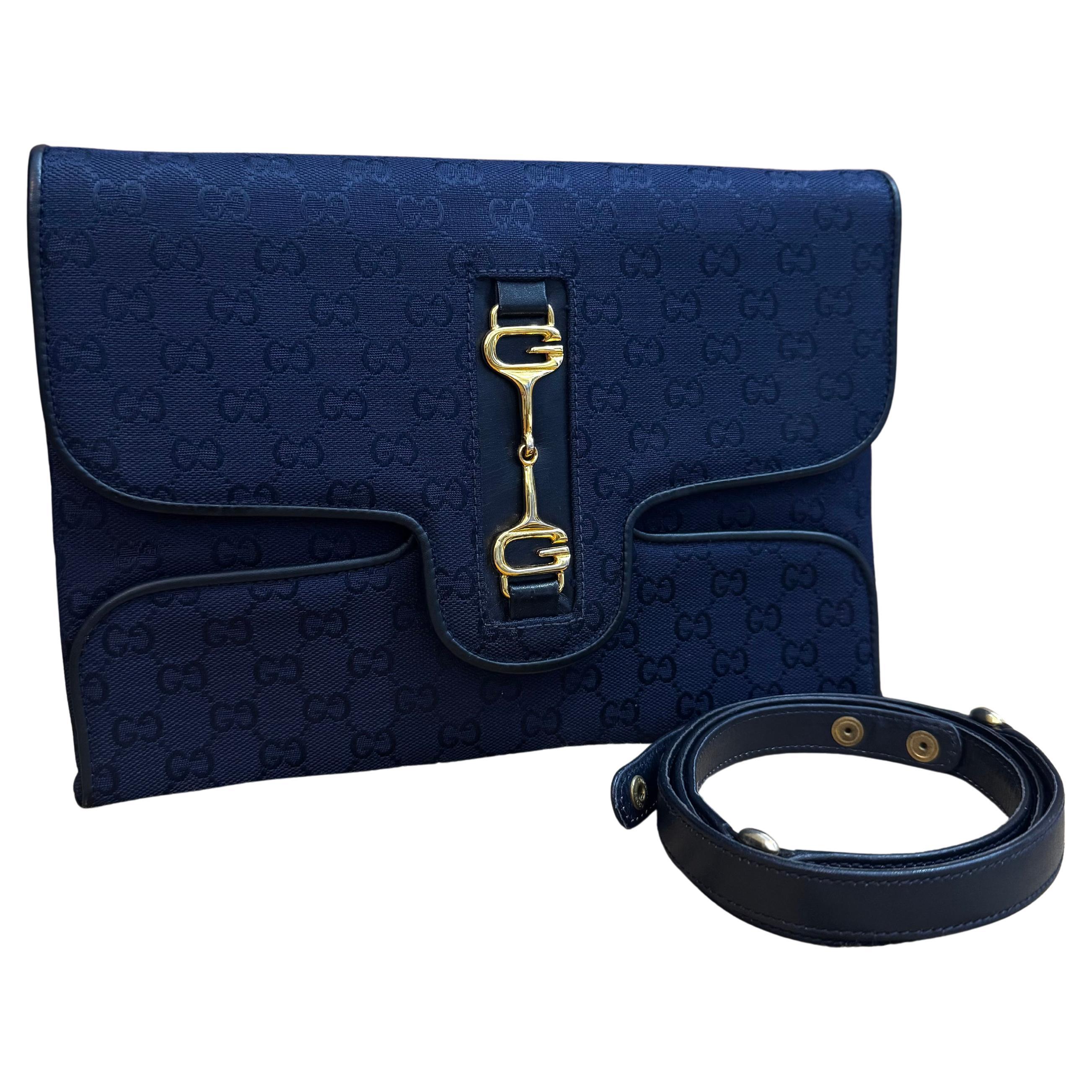 1970s Vintage GUCCI Boutique GG Jacquard Horsebit Two-Way Shoulder Bag Navy