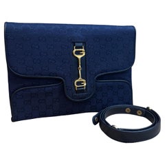 1970s Vintage GUCCI Boutique GG Jacquard Horsebit Two-Way Shoulder Bag Navy