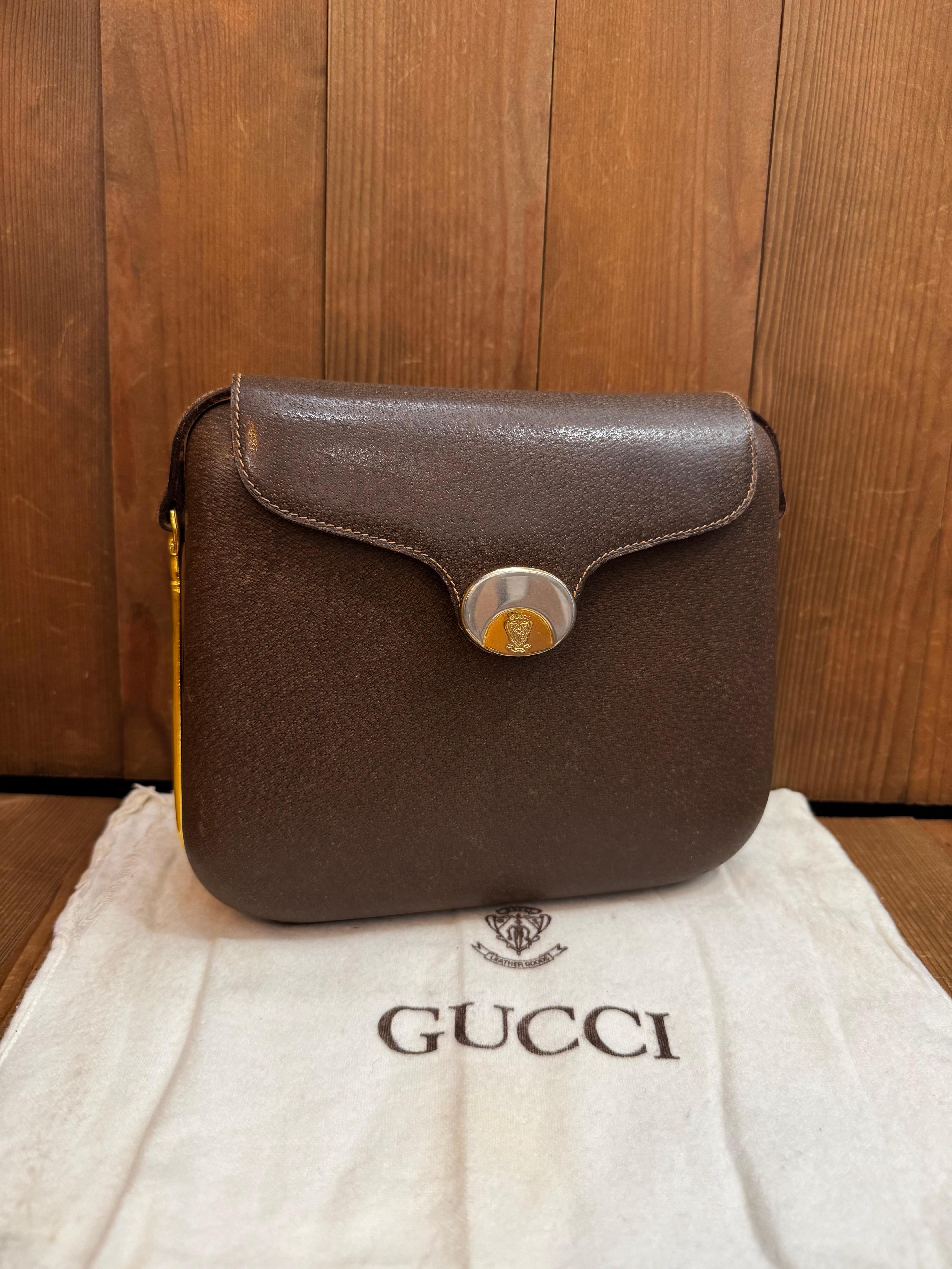 1970s Vintage GUCCI Box Crossbody Bag Pigskin Leather Brown 4