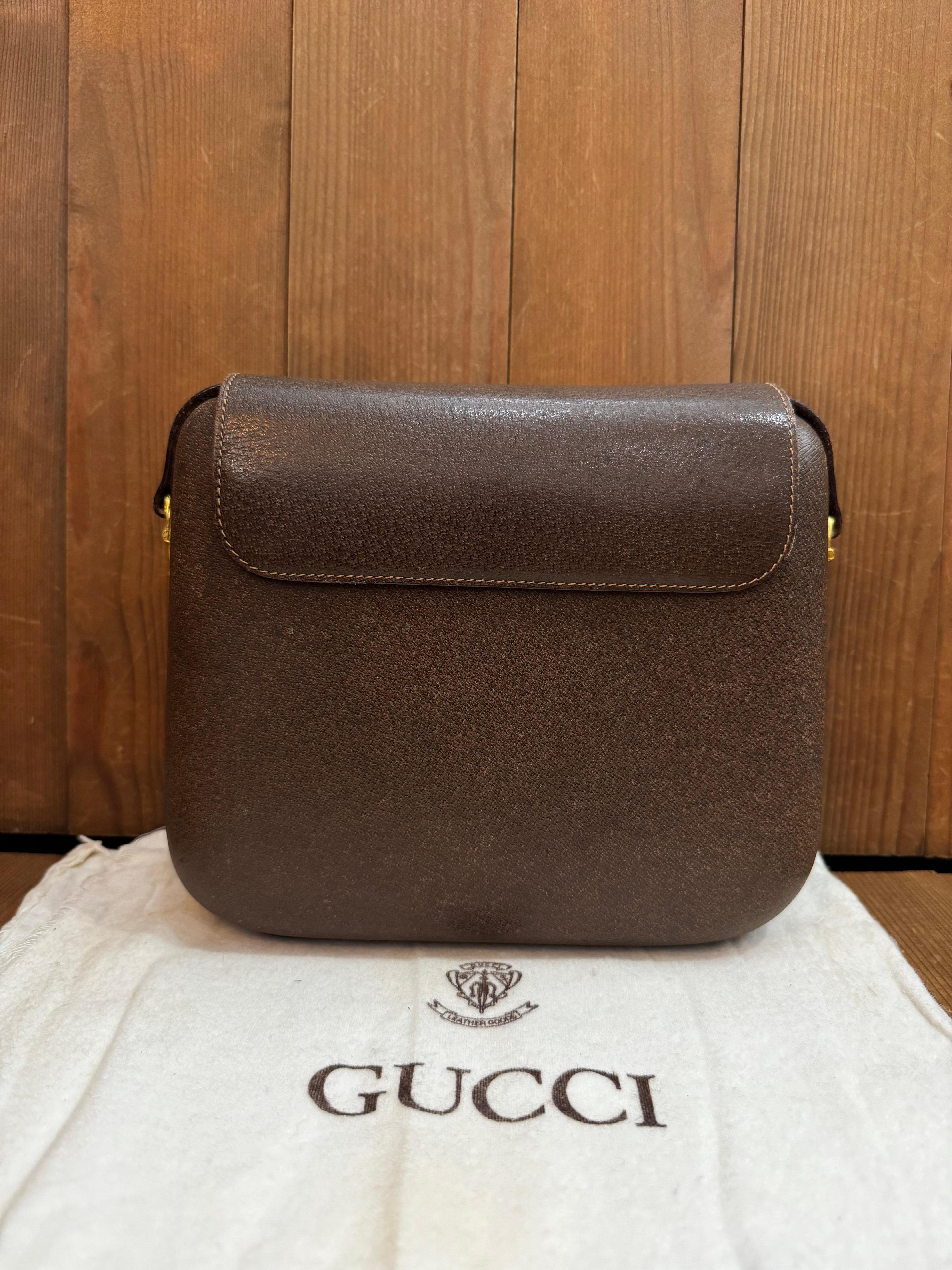 1970s Vintage GUCCI Box Crossbody Bag Pigskin Leather Brown 5