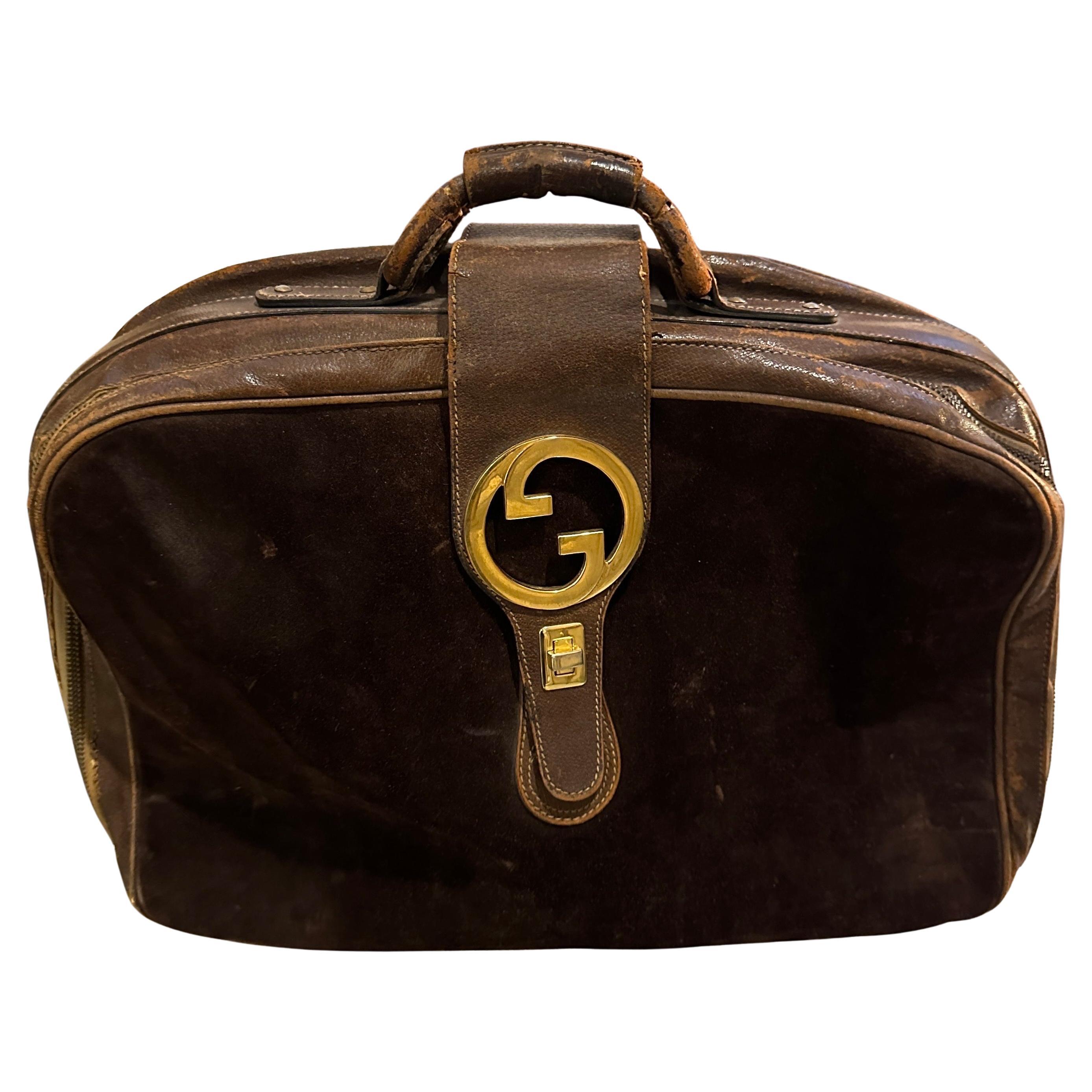 1970s Vintage Gucci Brown Leather and Suede Travel Bag For Sale
