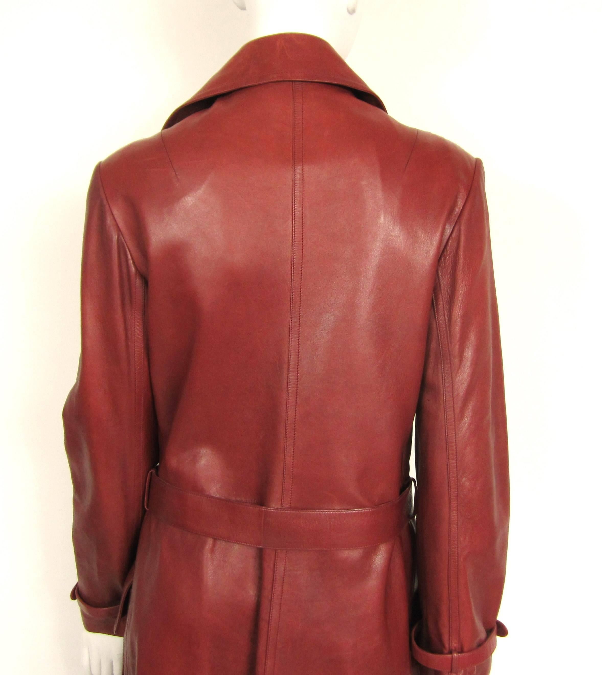 1970s Vintage Gucci Burgundy Leather Logo Trench Coat  4