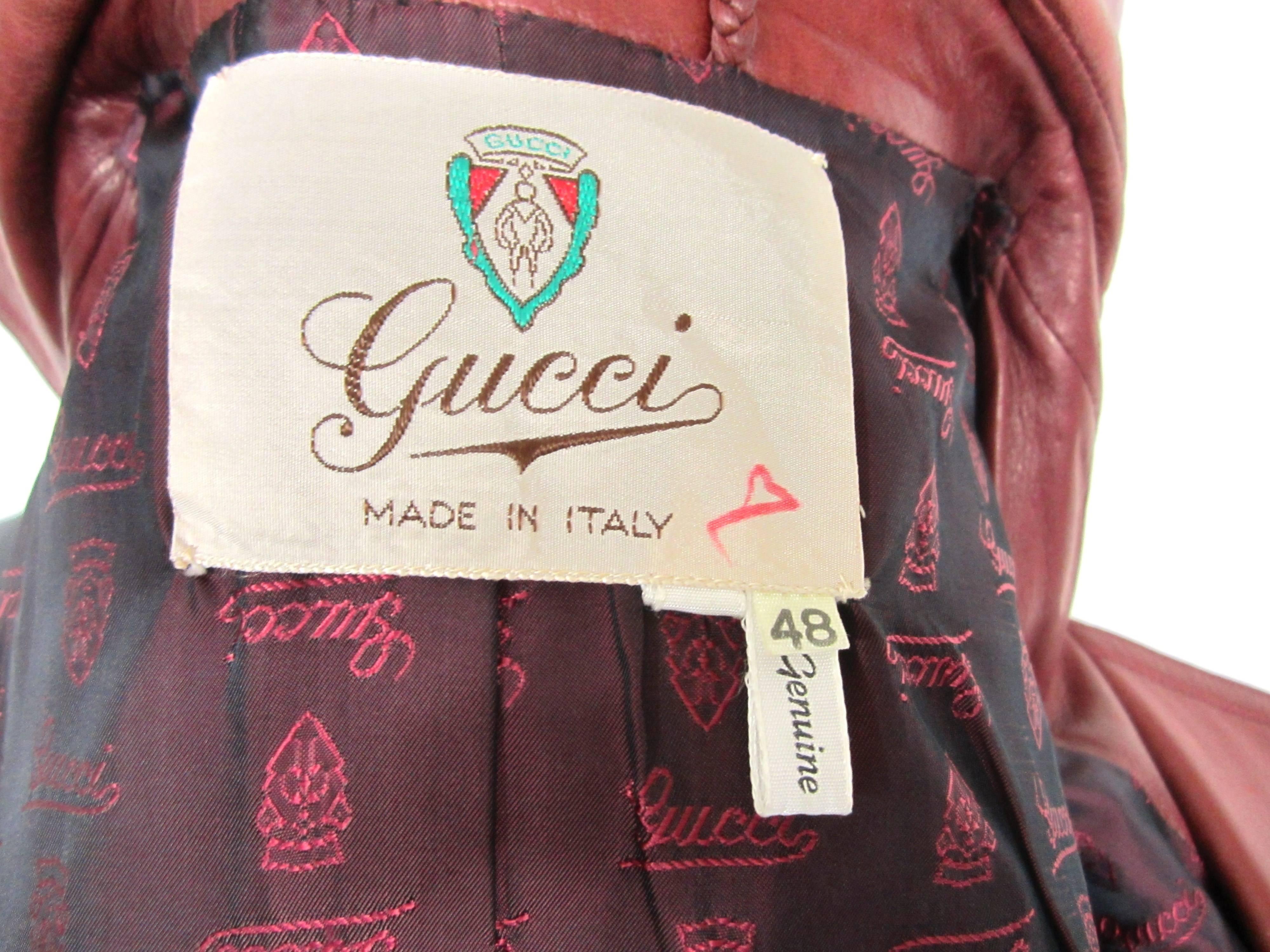 1970s Vintage Gucci Burgundy Leather Logo Trench Coat  8