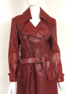 1970s Vintage Gucci Burgundy Leather Logo Trench Coat