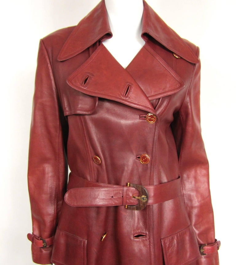 1970s Vintage Gucci Burgundy Leather Logo Trench Coat at 1stDibs