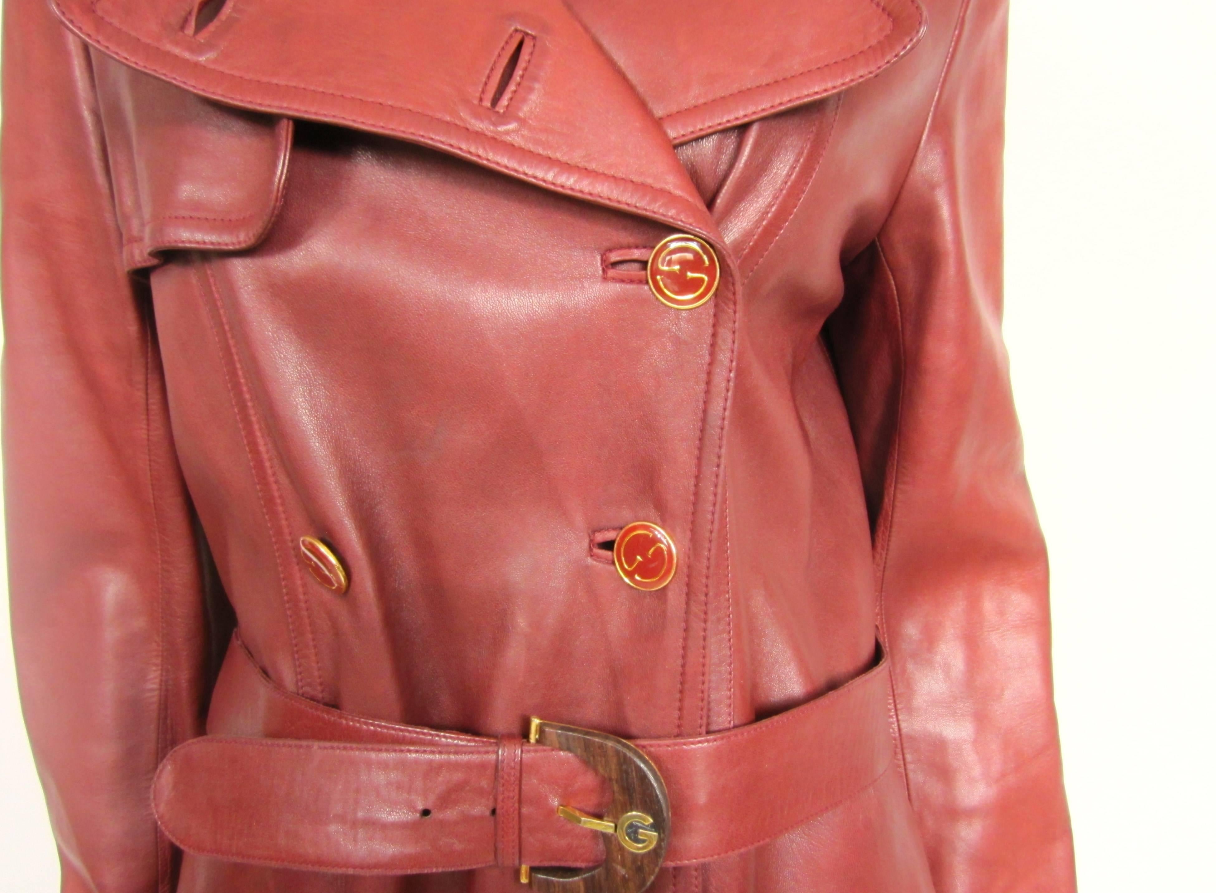 Brown 1970s Vintage Gucci Burgundy Leather Logo Trench Coat