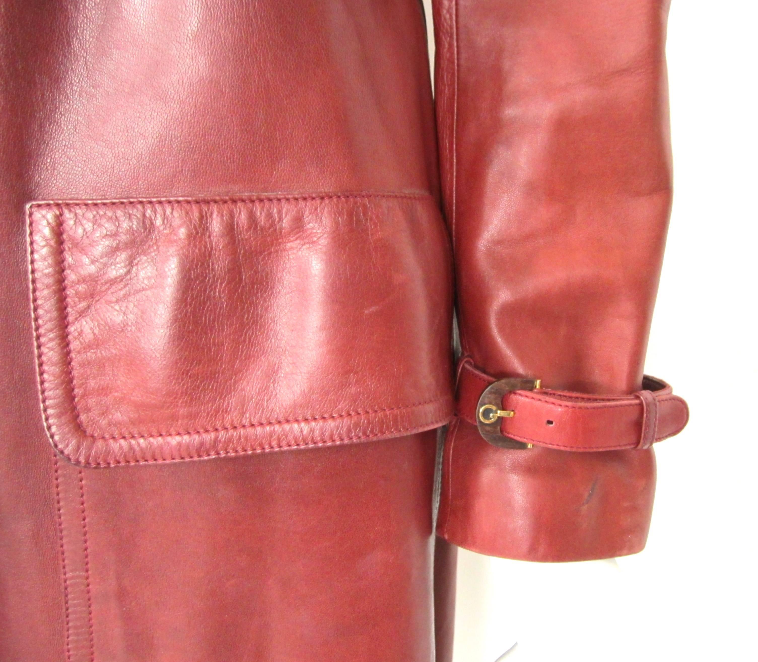 Women's 1970s Vintage Gucci Burgundy Leather Logo Trench Coat 
