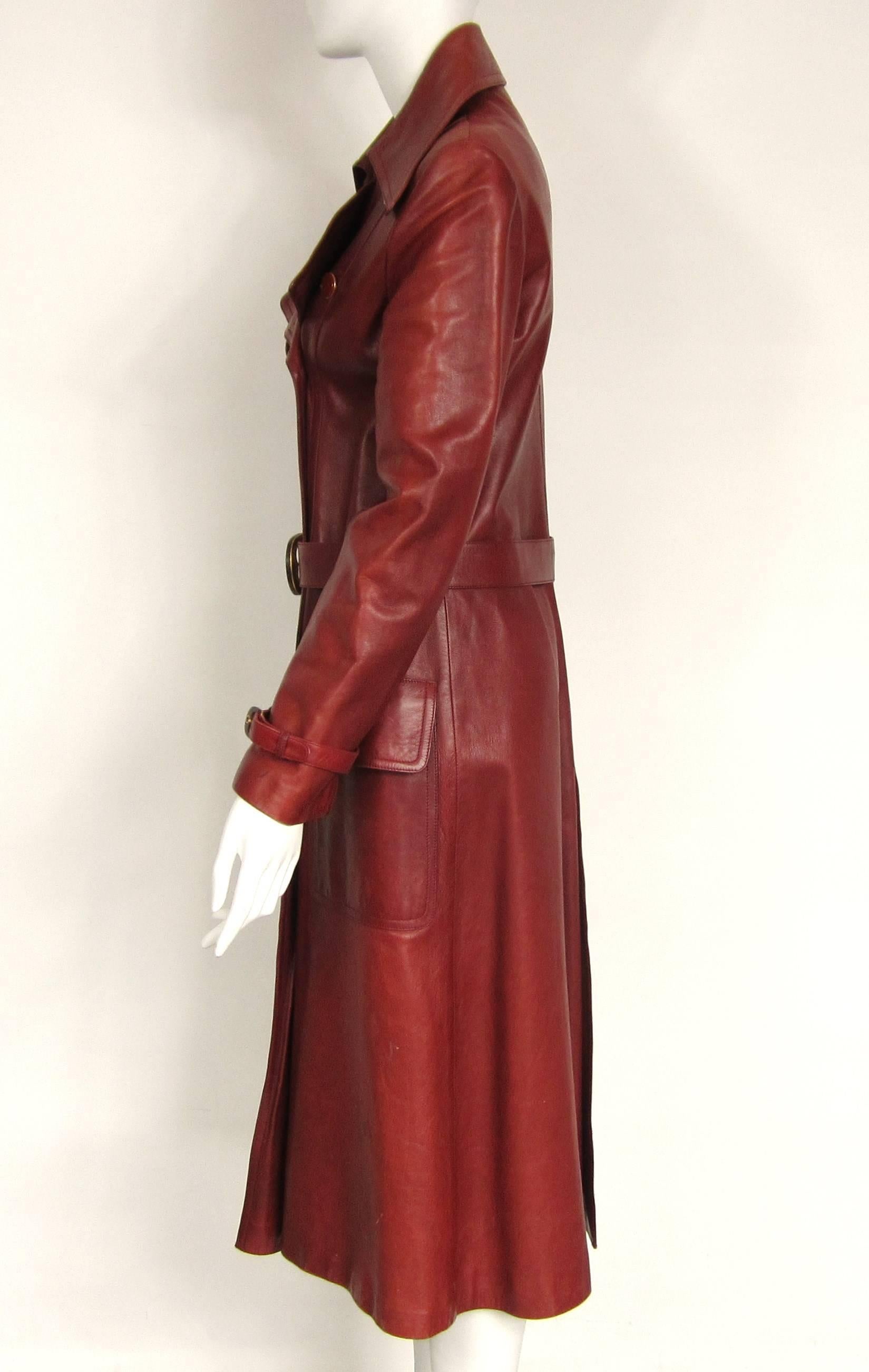 1970s Vintage Gucci Burgundy Leather Logo Trench Coat  1