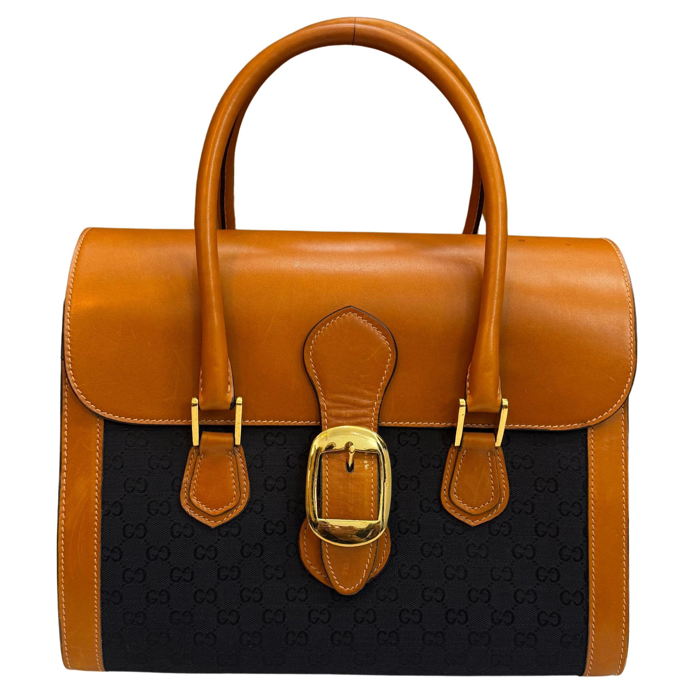 1970s Vintage GUCCI GG Monogram Jacquard Boston Bag Black Brown 34