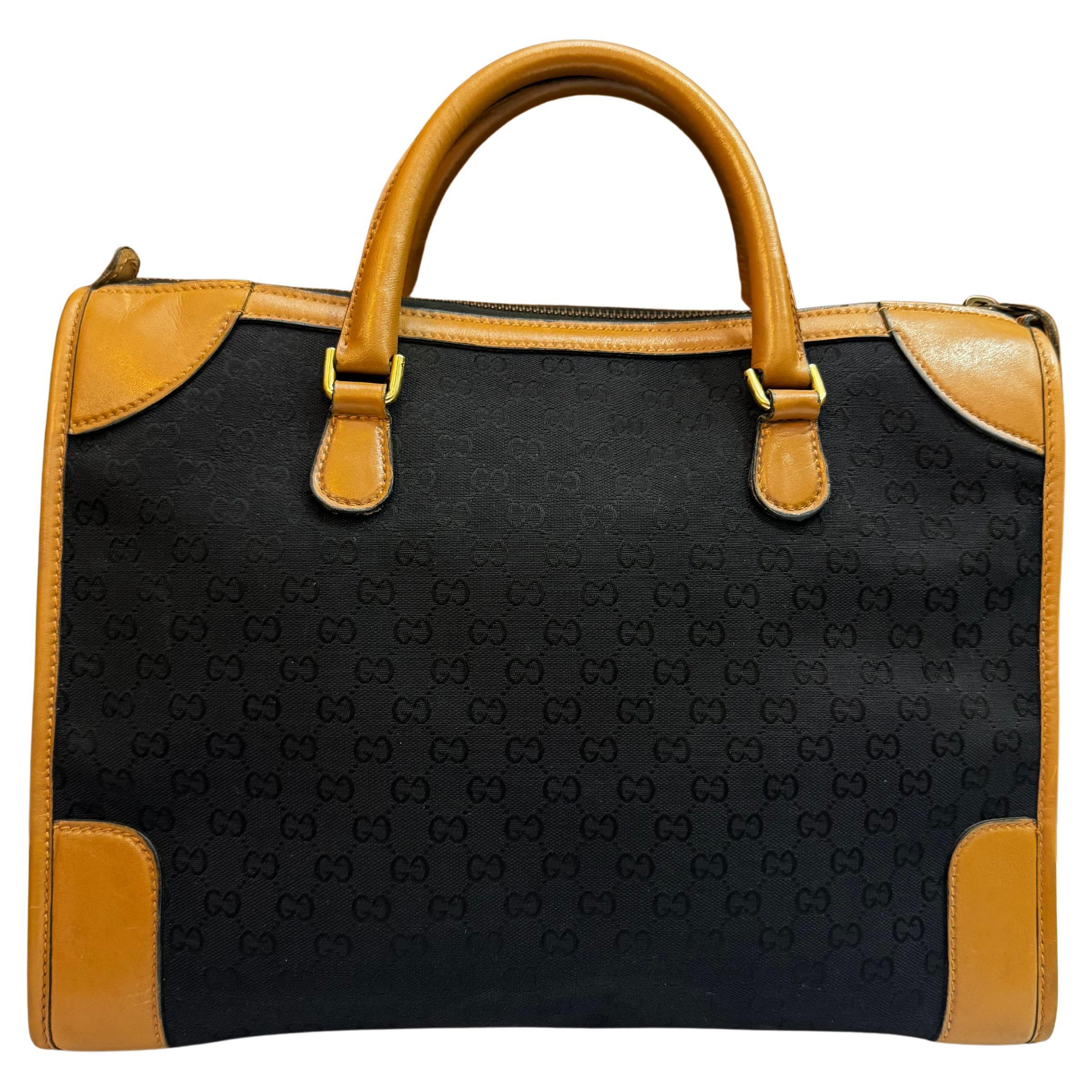 1970er Vintage GUCCI GG Monogram Jacquard Boston Bag Unisex Schwarz Braun 40 im Zustand „Hervorragend“ im Angebot in Bangkok, TH