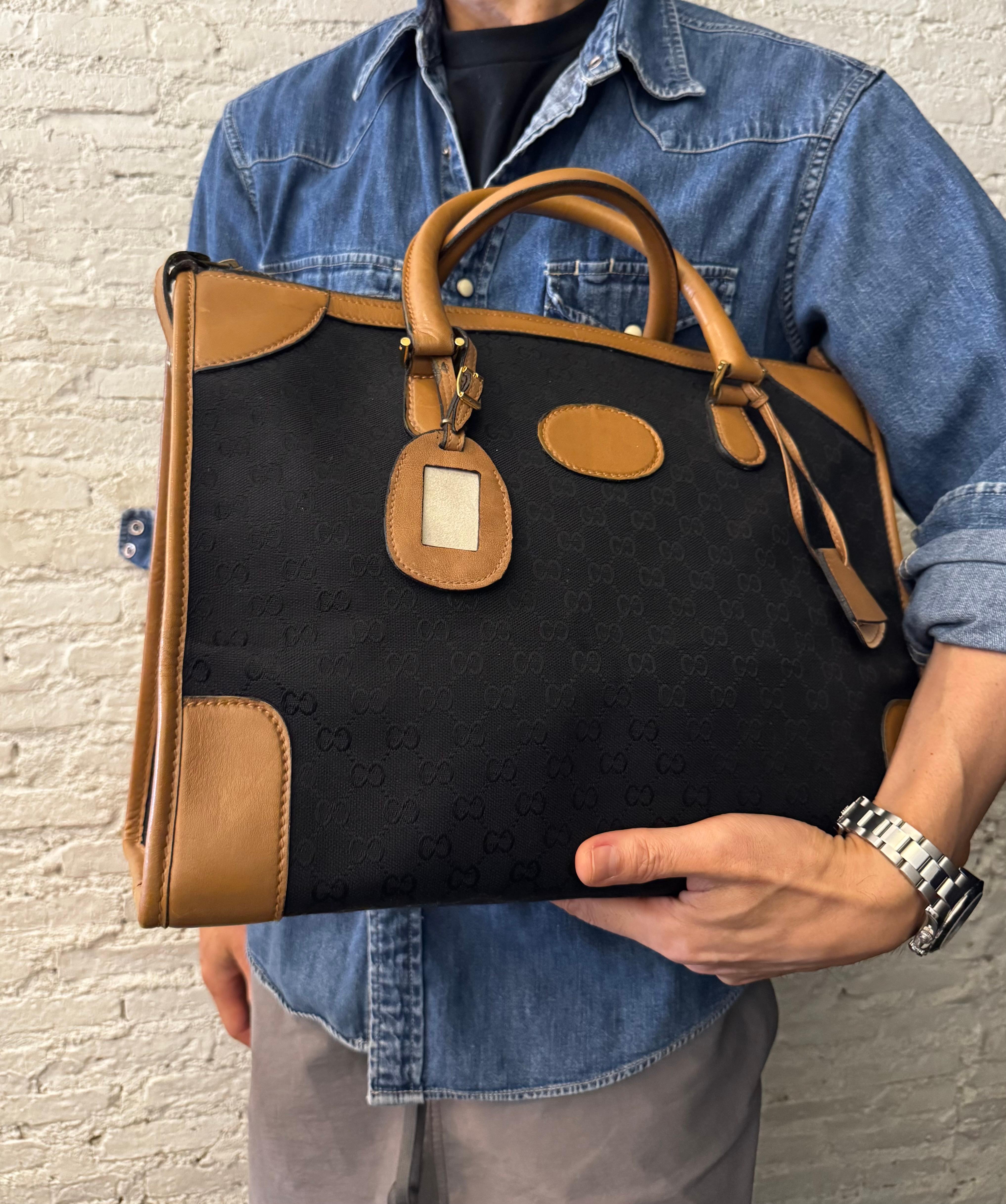 1970er Vintage GUCCI GG Monogram Jacquard Boston Bag Unisex Schwarz Braun 40 im Angebot 1