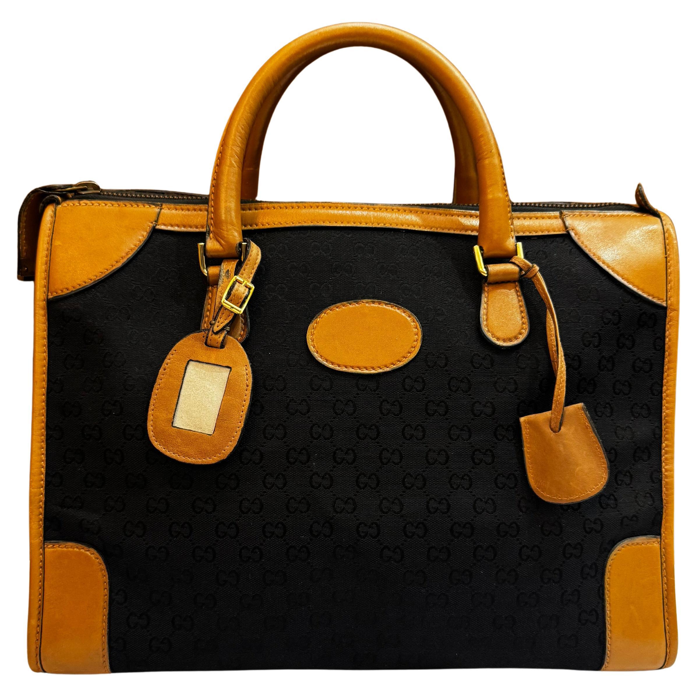 1970er Vintage GUCCI GG Monogram Jacquard Boston Bag Unisex Schwarz Braun 40 im Angebot