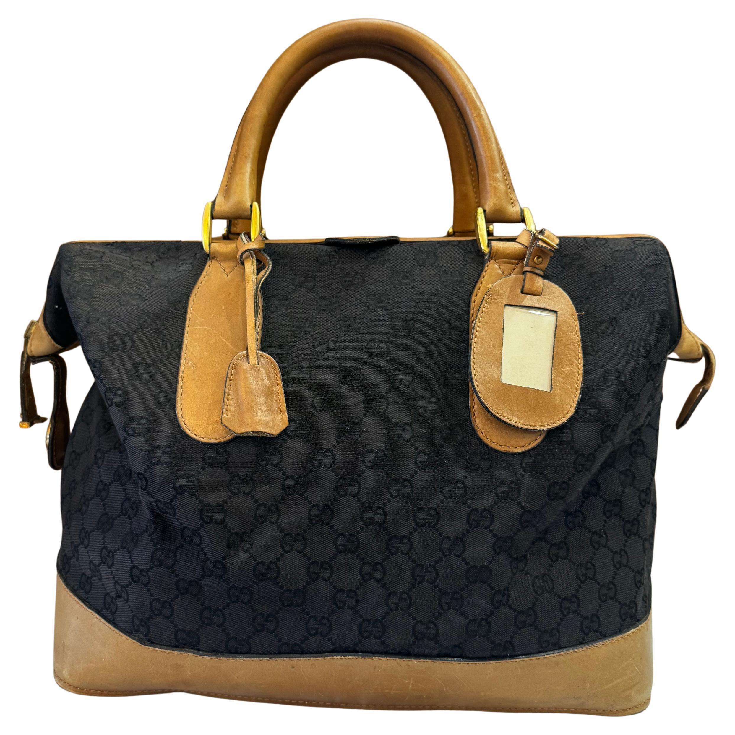1970s Vintage GUCCI GG Monogram Jacquard Doctor Duffle Bag Unisex Black Brown