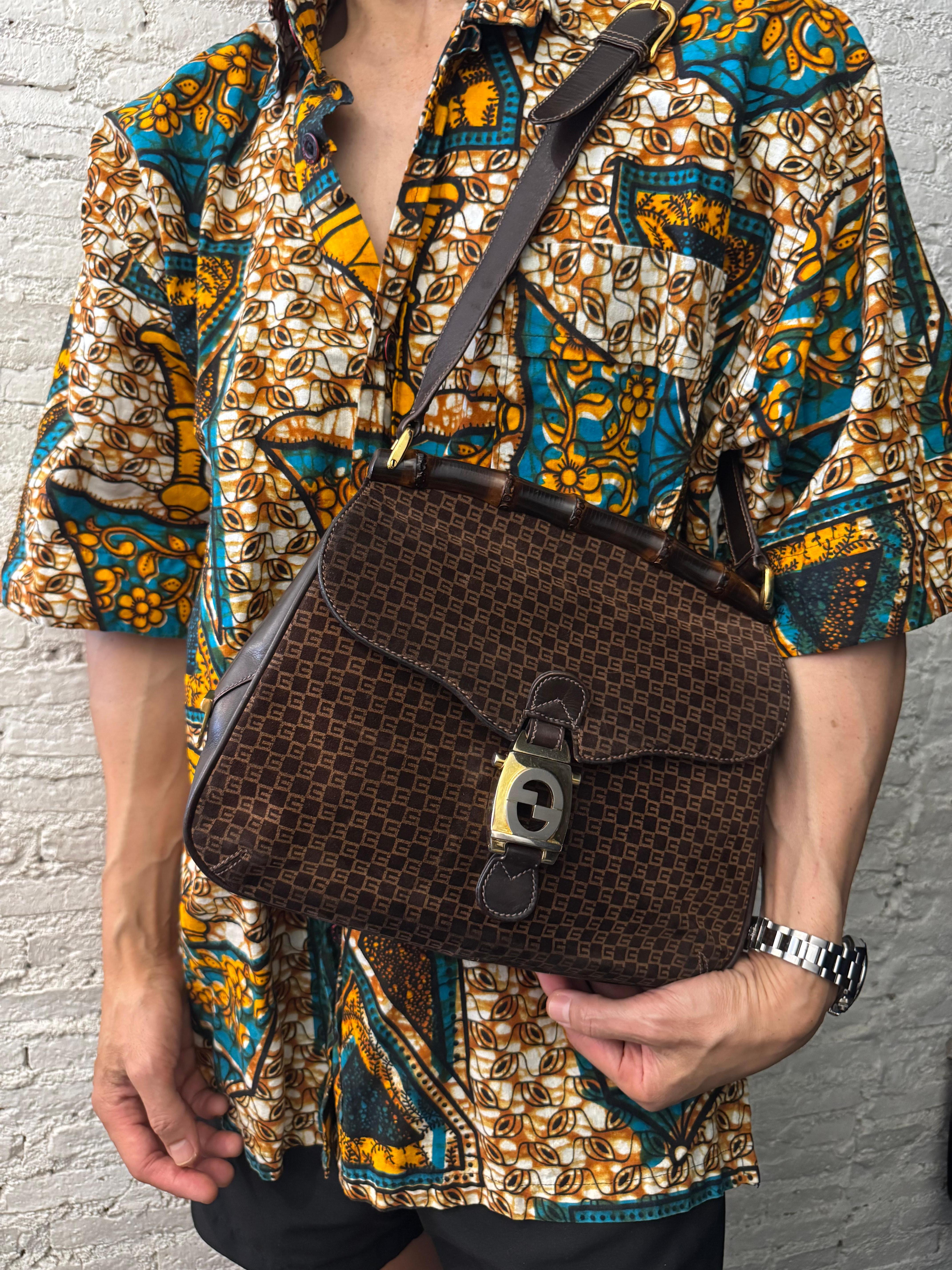 Borsa a tracolla GG GG in pelle nubuck Bamboo marrone, anni '70. in vendita 5