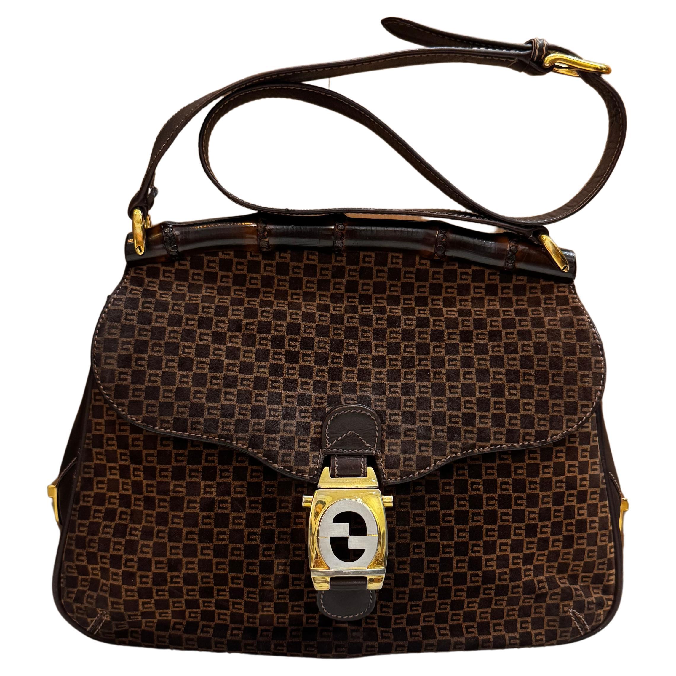 1970 Vintage GUCCI GG Sac à bandoulière en cuir nubuck Bambou Brown