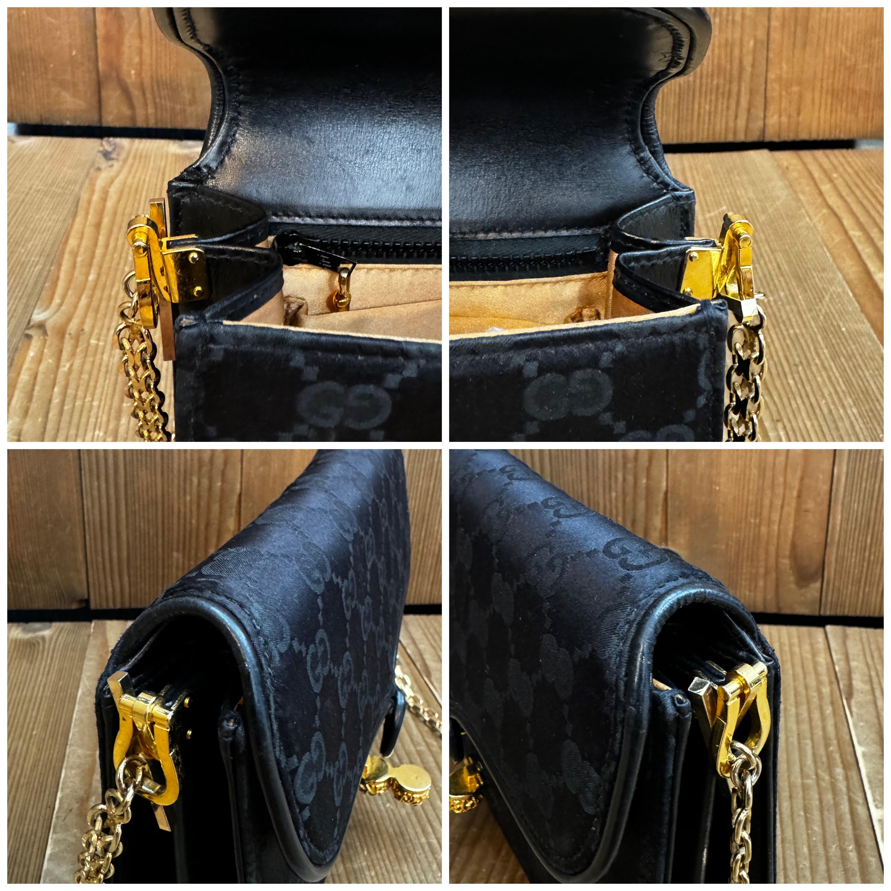 1970s Vintage GUCCI GG Satin Jacquard Two-Way Chain Clutch Shoulder Bag Black For Sale 3