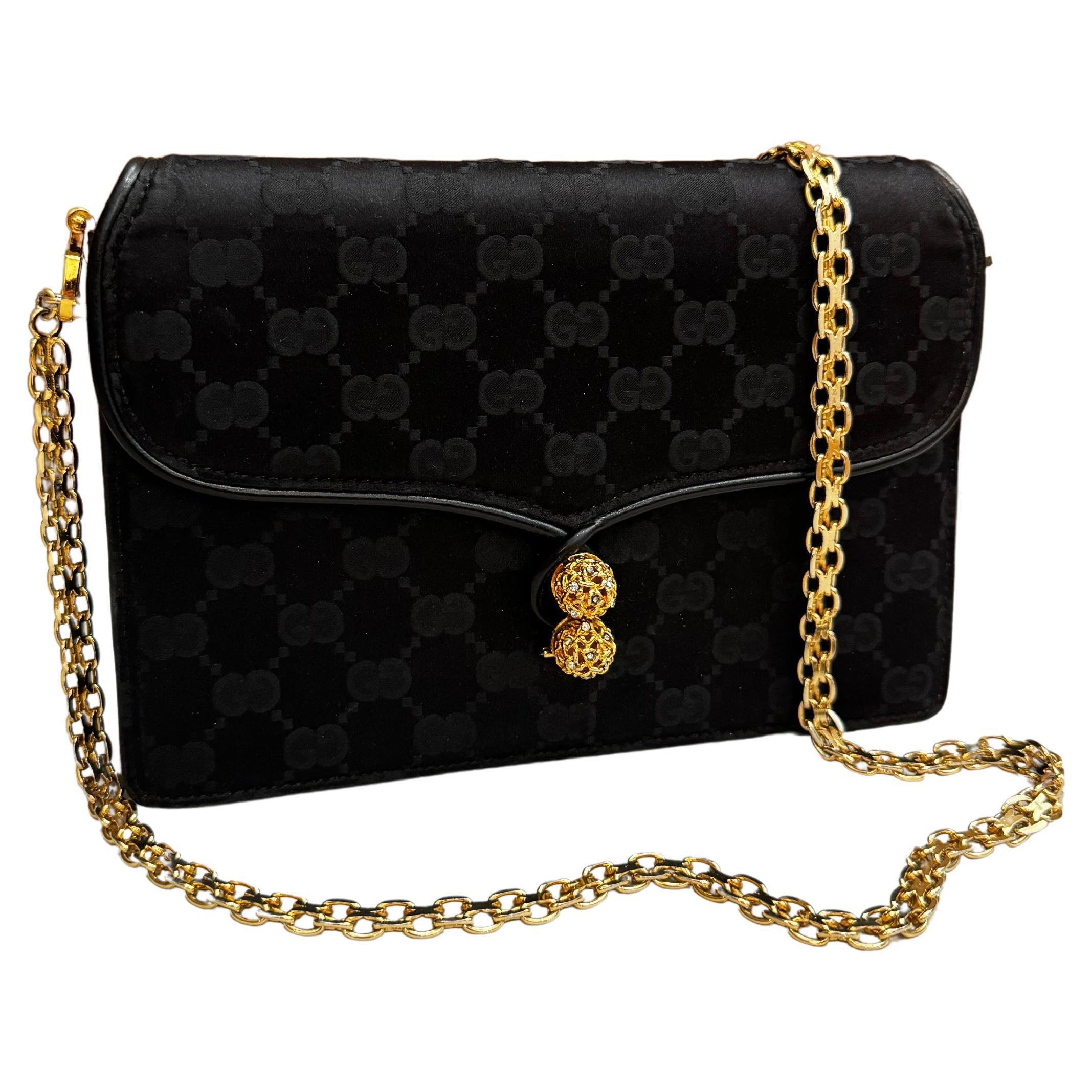 1970s Vintage GUCCI GG Satin Jacquard Two-Way Chain Clutch Shoulder Bag Black For Sale