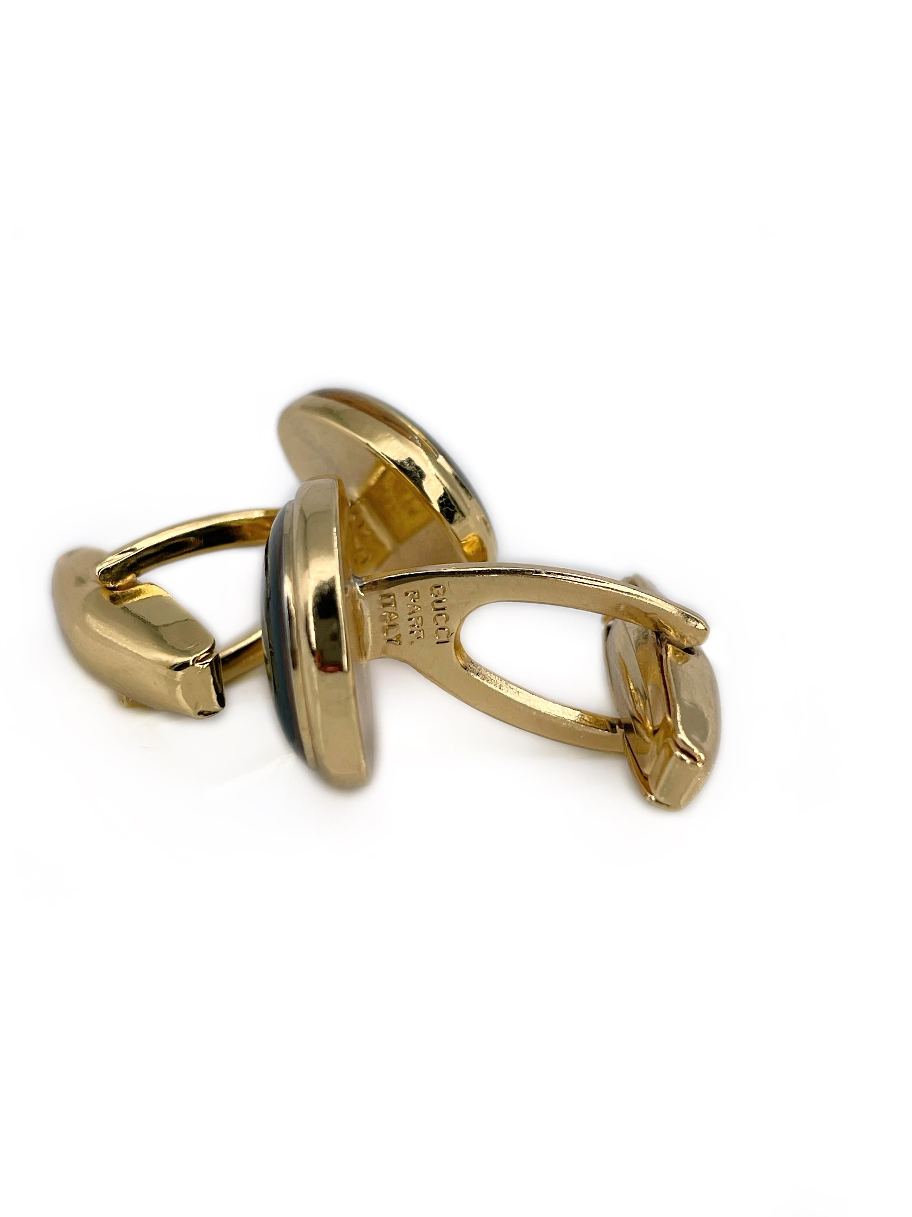 1970er Jahre Vintage Gucci Gold Tone Schwarz Emaille GG Motiv Oval Manschettenknöpfe (Moderne)