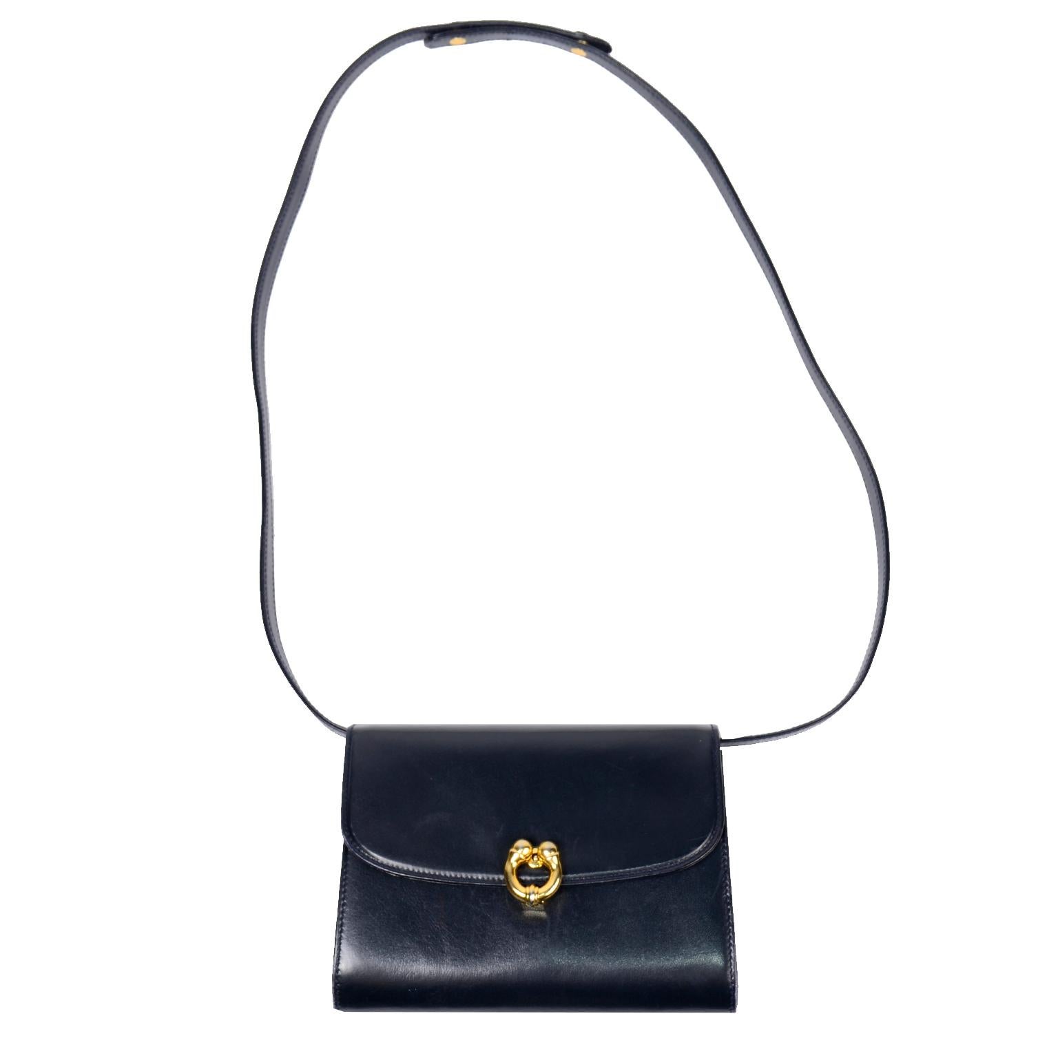 1970s Vintage Gucci Handbag Navy Midnight Blue Leather Shoulder Bag  6