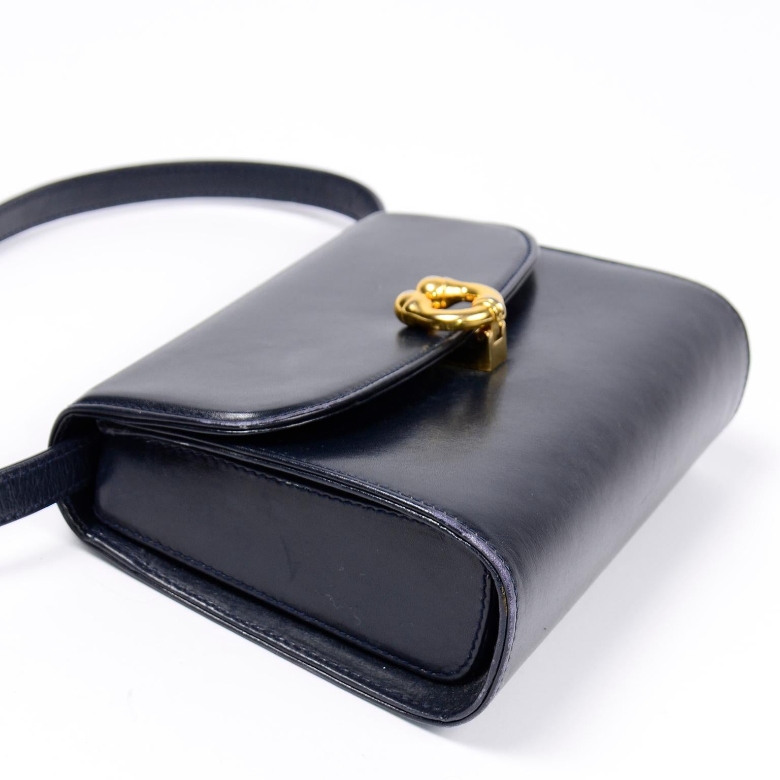 Black 1970s Vintage Gucci Handbag Navy Midnight Blue Leather Shoulder Bag 