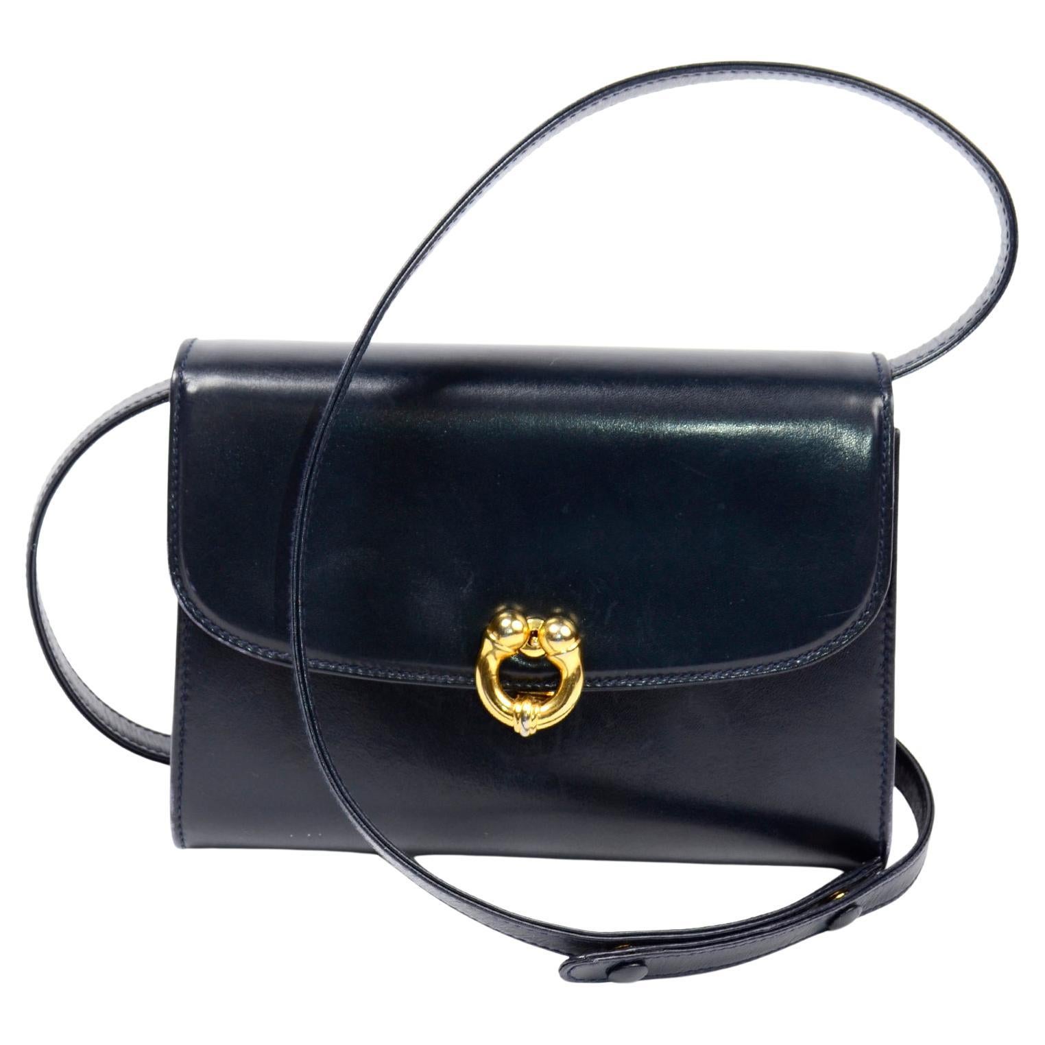 1970s Vintage Gucci Handbag Navy Midnight Blue Leather Shoulder Bag 