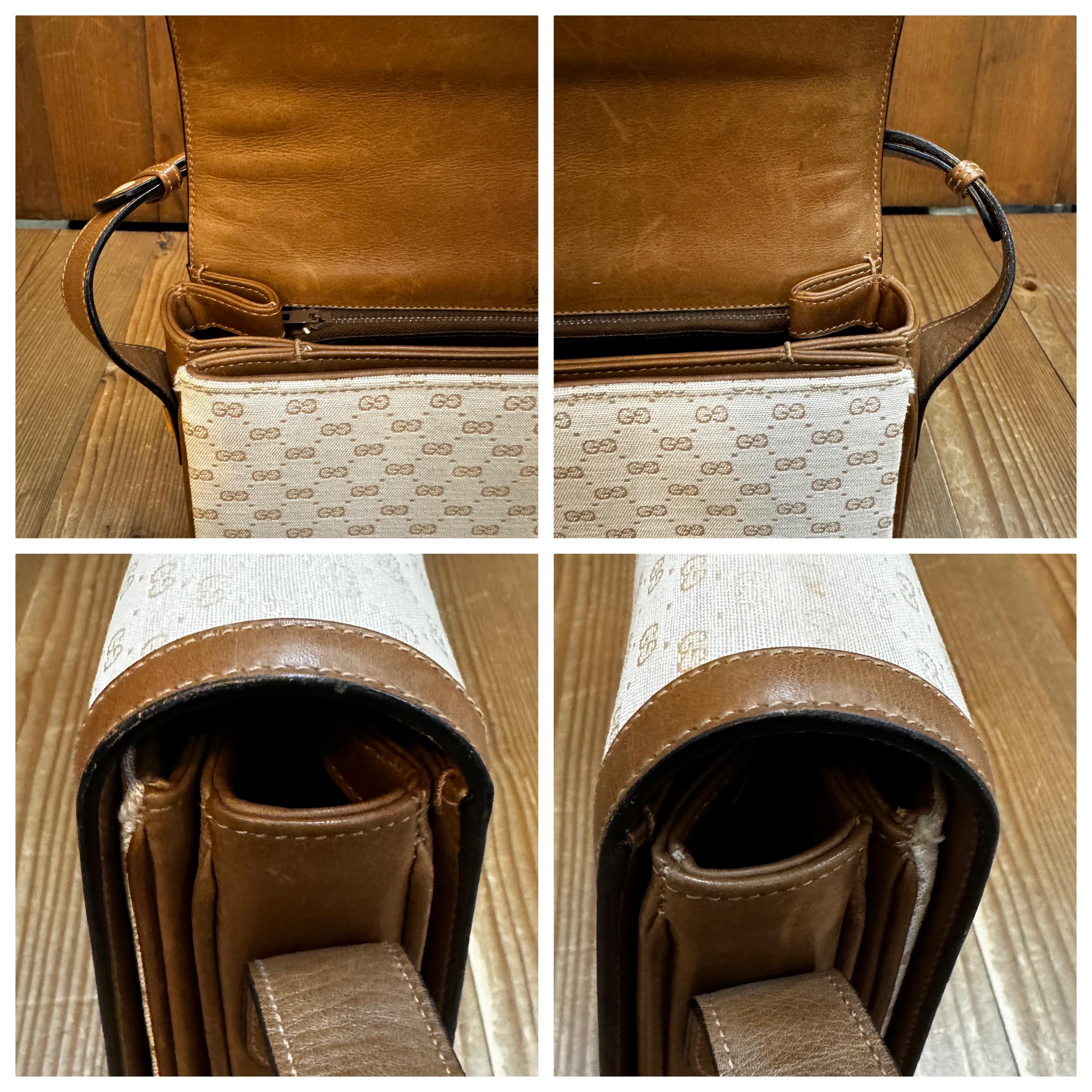1970s Vintage GUCCI Micro GG Jacquard Leather Shoulder Bag Off-White Brown In Good Condition In Bangkok, TH