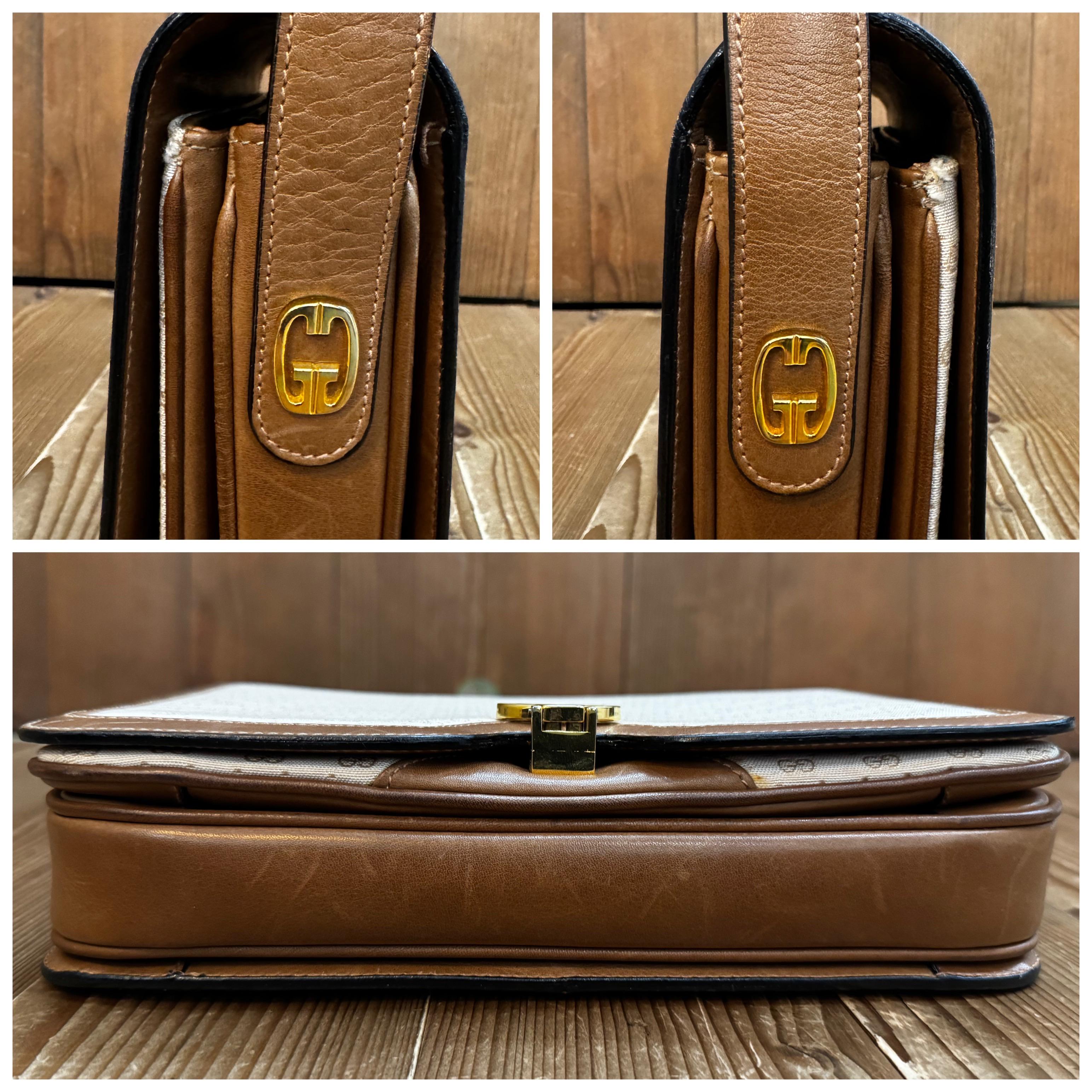 1970s Vintage GUCCI Micro GG Jacquard Leather Shoulder Bag Off-White Brown 1