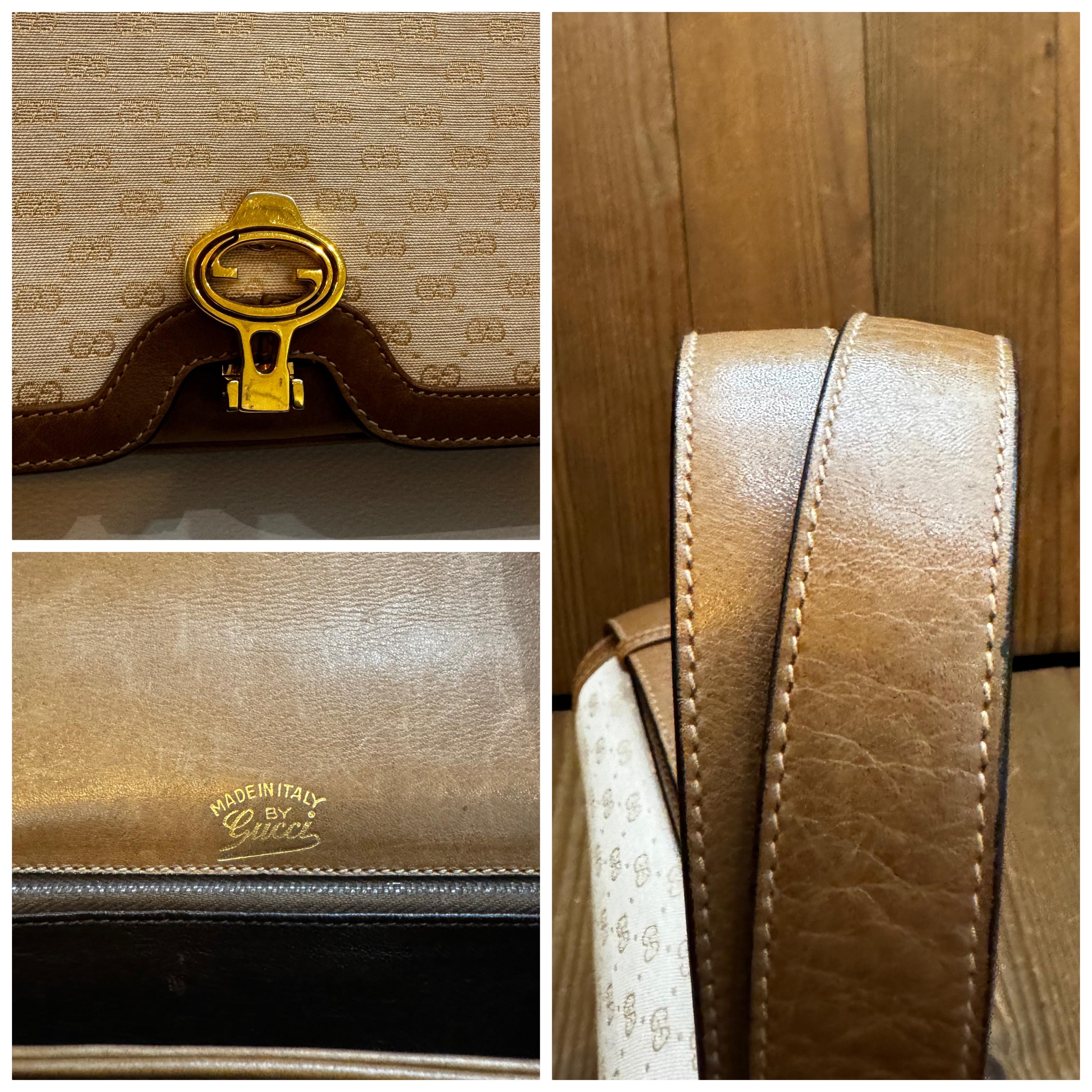1970s Vintage GUCCI Micro GG Jacquard Leather Shoulder Bag Off-White Brown 3
