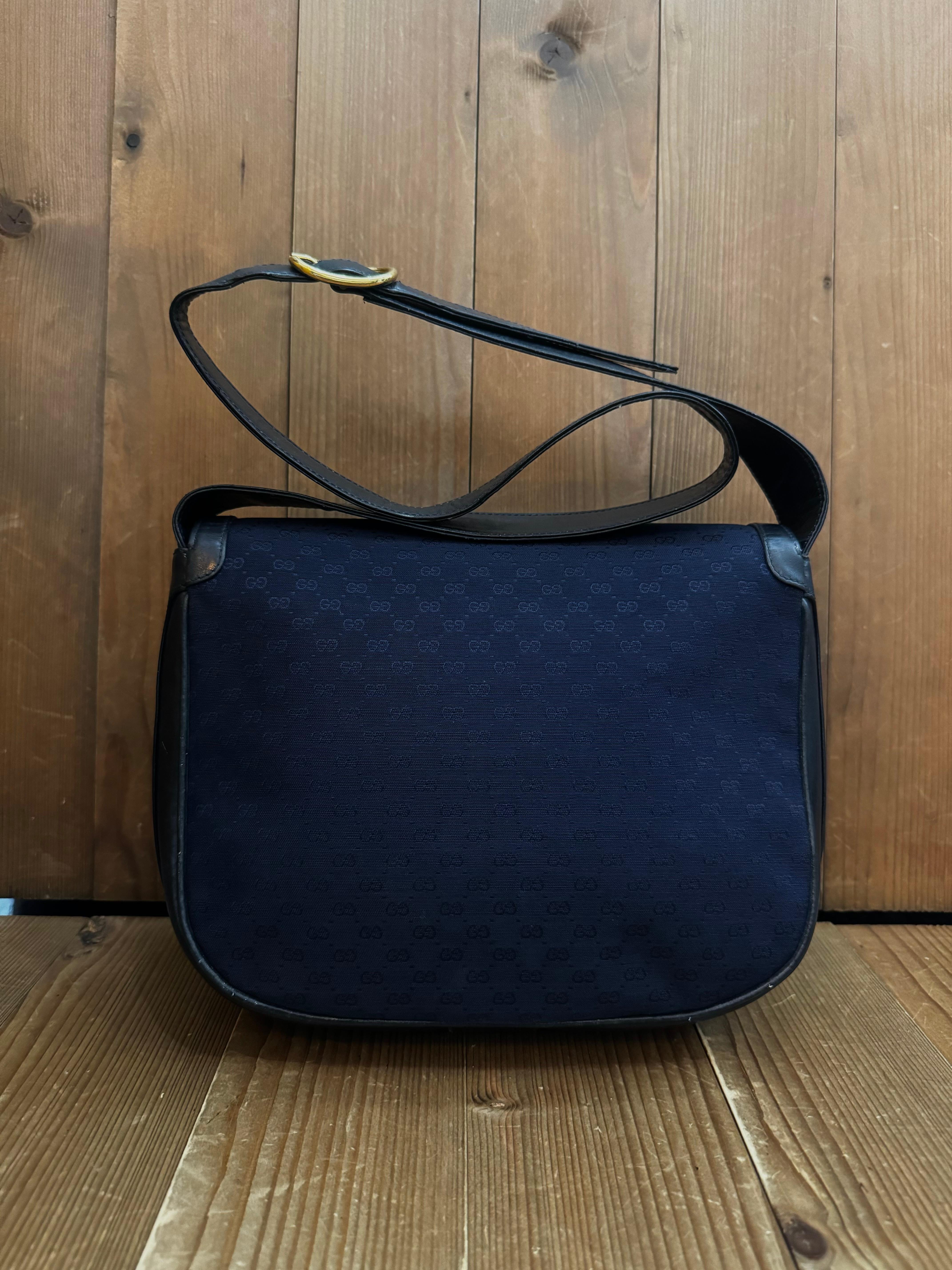 1970s Vintage GUCCI Micro GG Jacquard Leather Shoulder Bag Navy In Fair Condition For Sale In Bangkok, TH