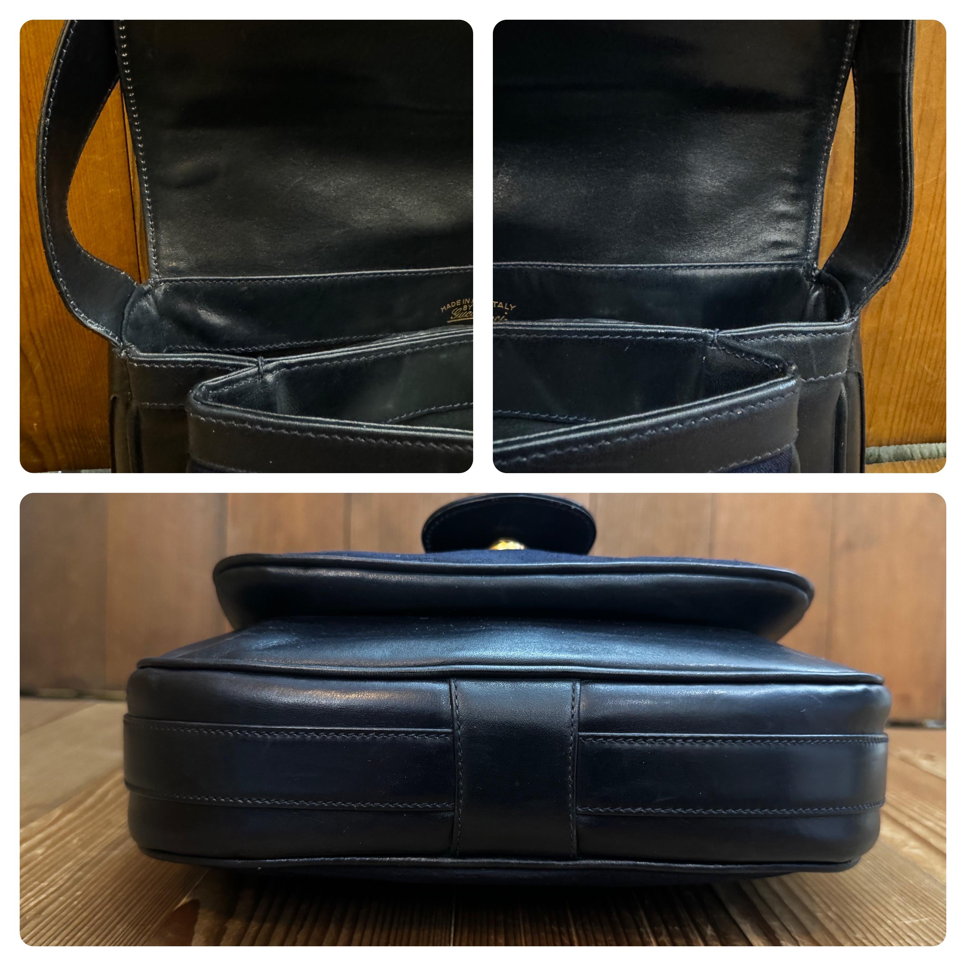 Women's or Men's 1970s Vintage GUCCI Micro GG Jacquard Leather Shoulder Bag Navy For Sale