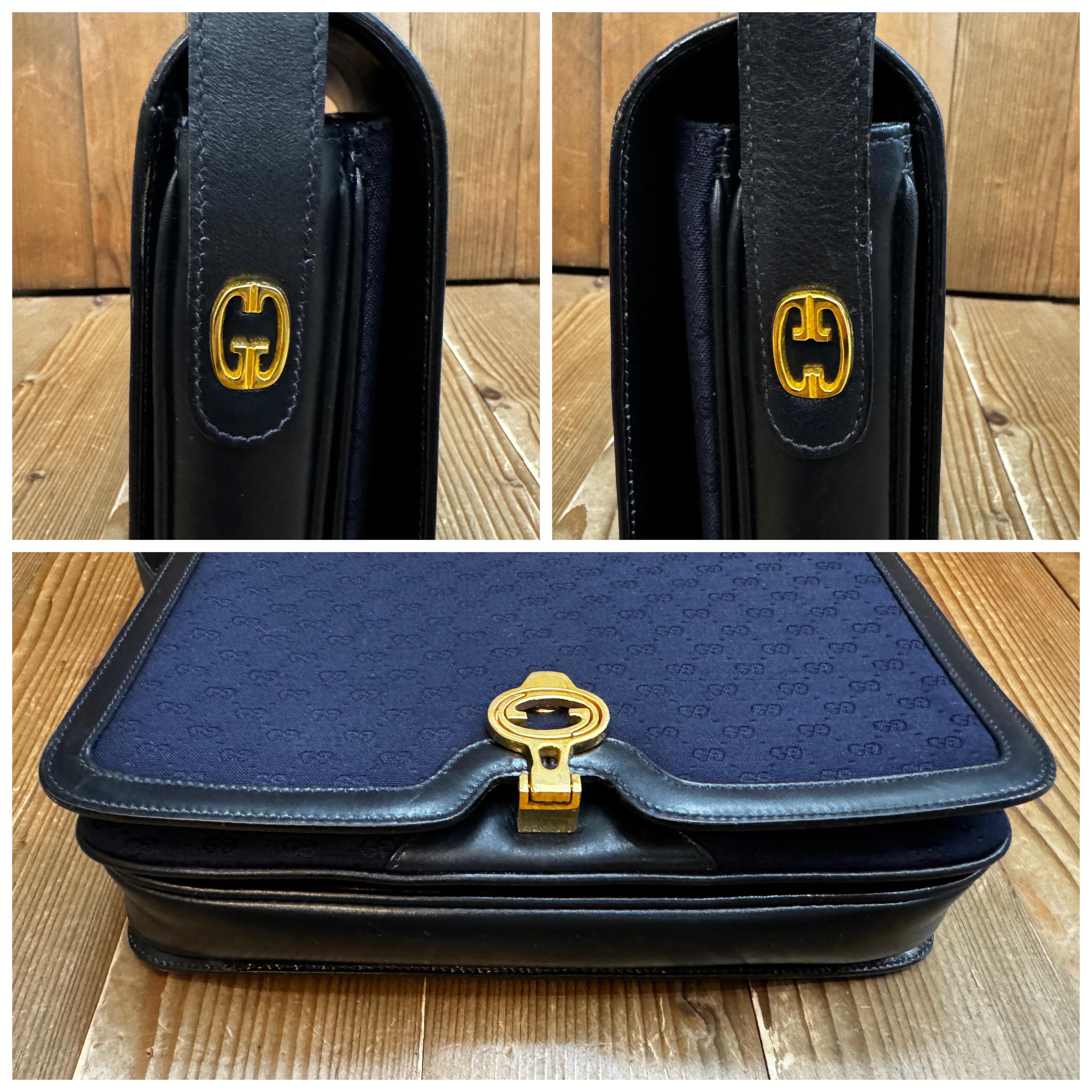 Women's or Men's 1970s Vintage GUCCI Micro GG Jacquard Leather Shoulder Bag Navy For Sale