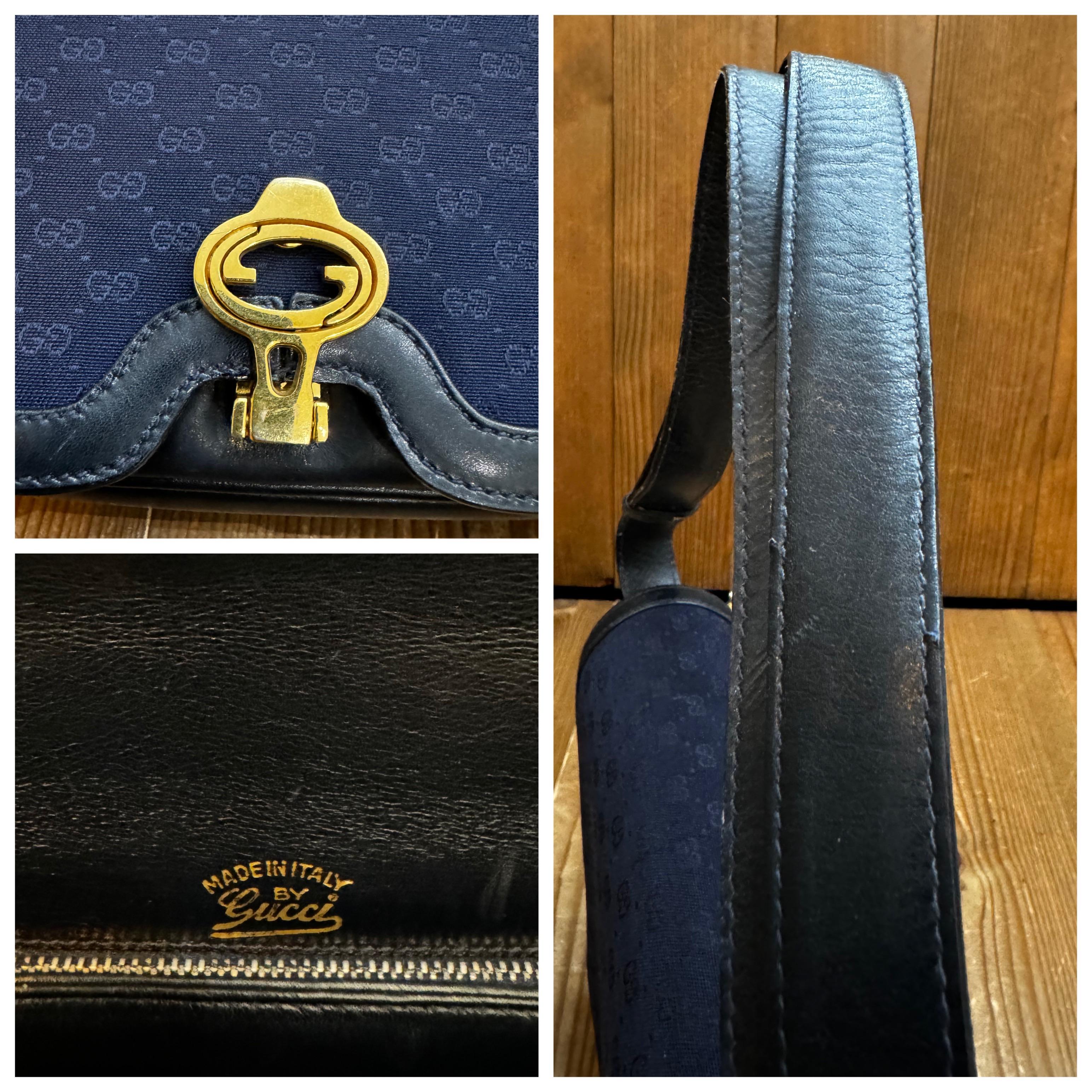1970s Vintage GUCCI Micro GG Jacquard Leather Shoulder Bag Navy For Sale 1