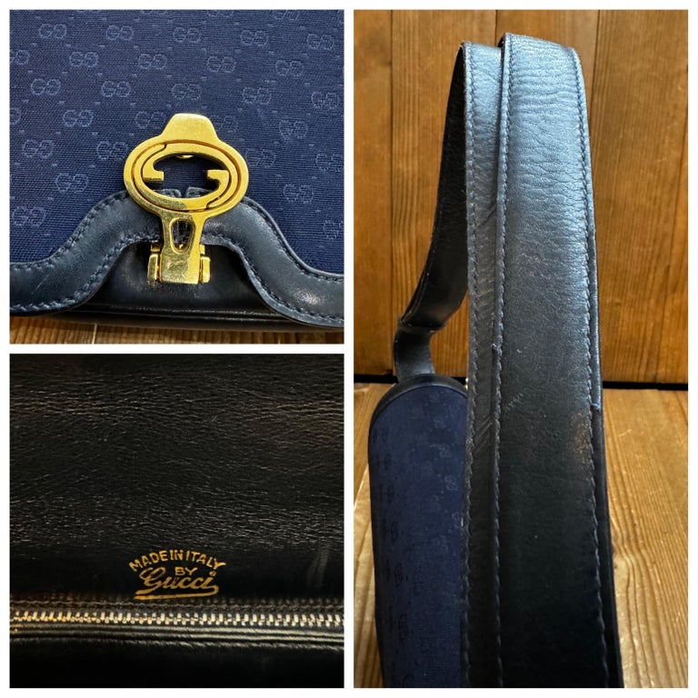 1970s Vintage GUCCI Micro GG Jacquard Leather Shoulder Bag Navy