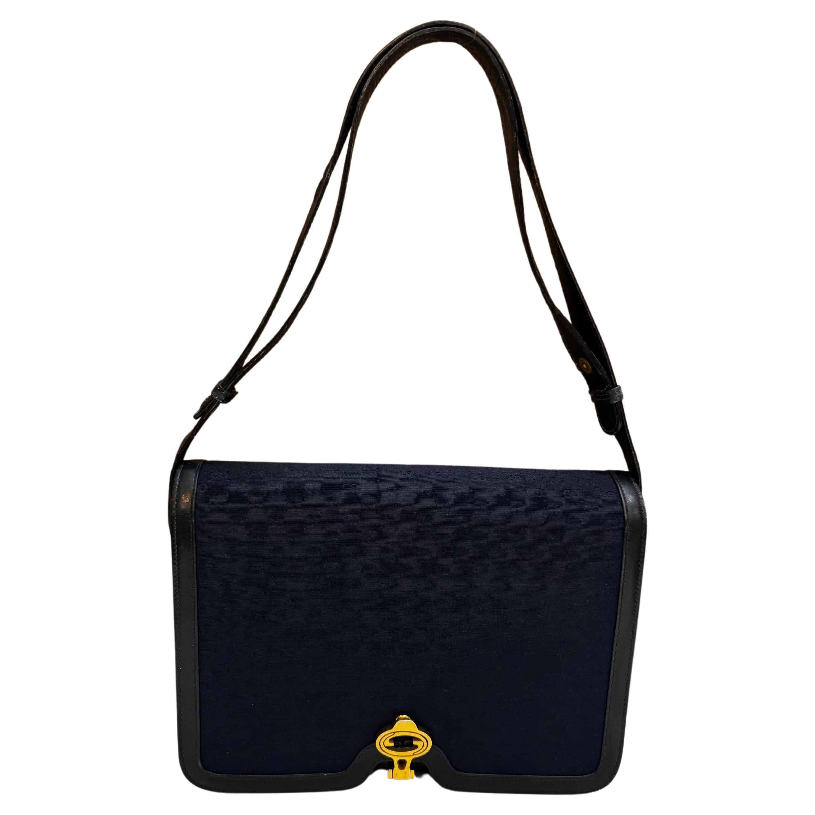 1970s Vintage GUCCI Micro GG Jacquard Leather Shoulder Bag Navy For Sale